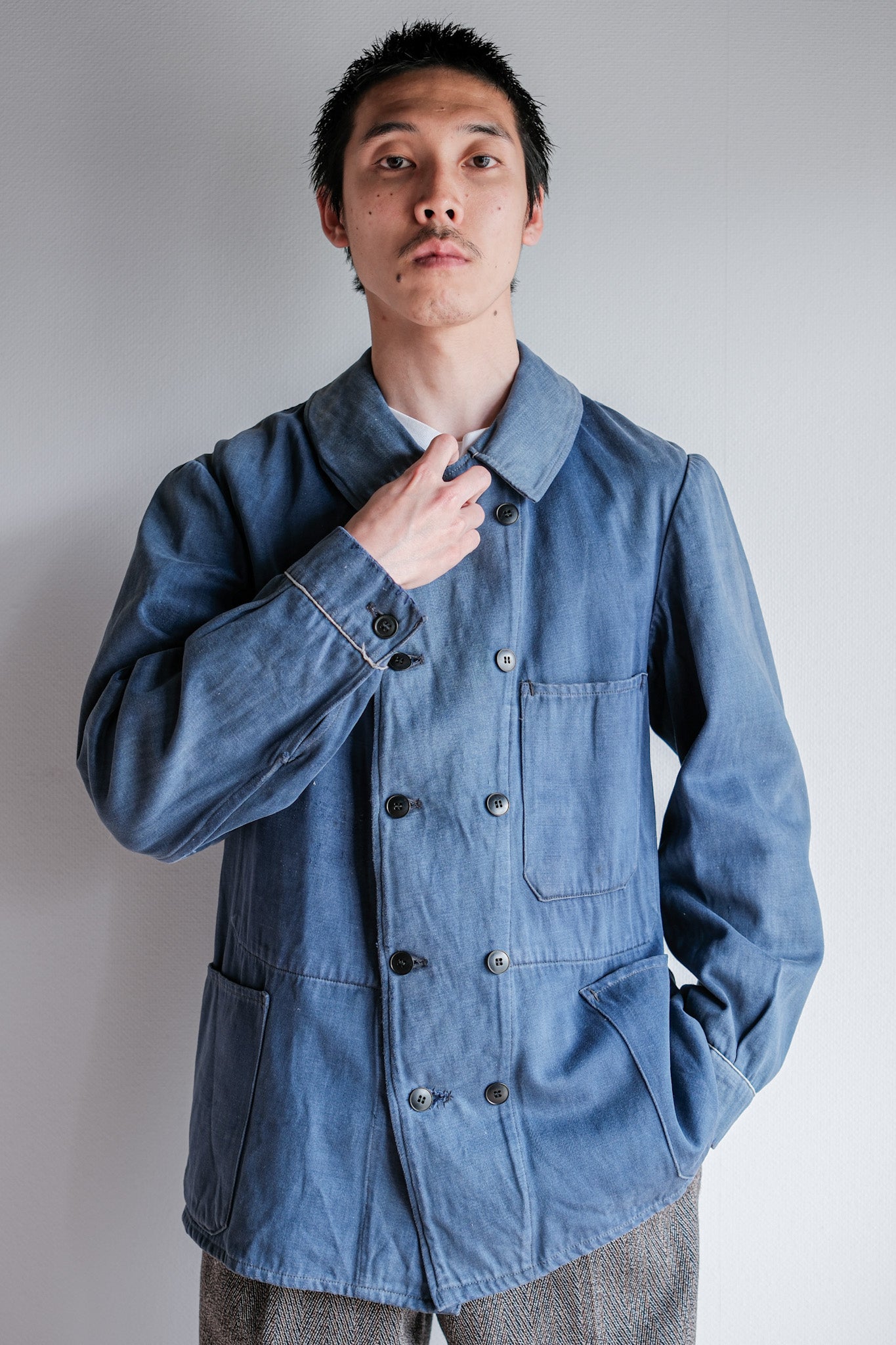 [~ 20's] French Vintage Blue Moleskin Double Breasted Work Jacket "Adolphe Lafont"