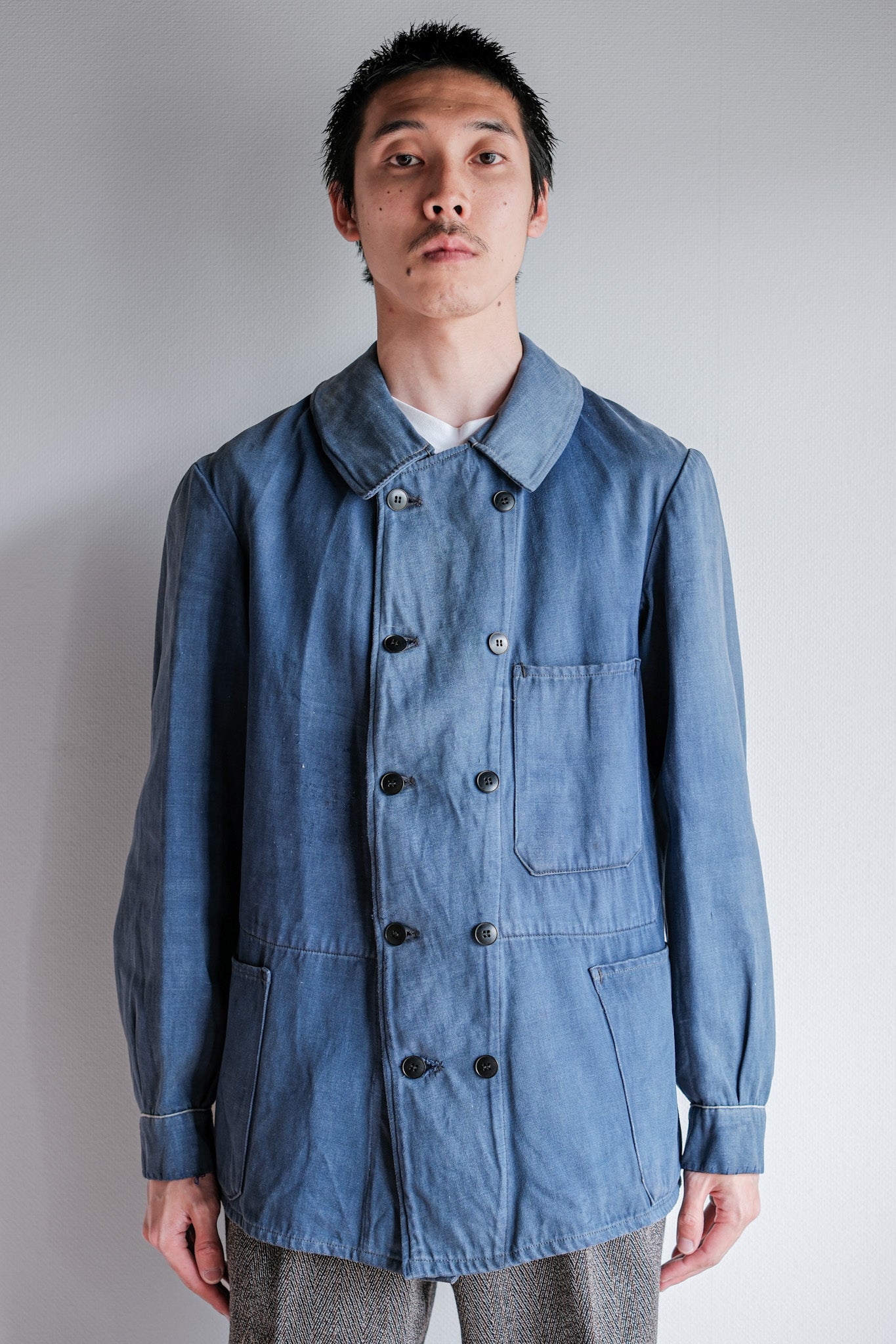 【~20's】French Vintage Blue Moleskin Double Breasted Work Jacket "Adolphe Lafont"