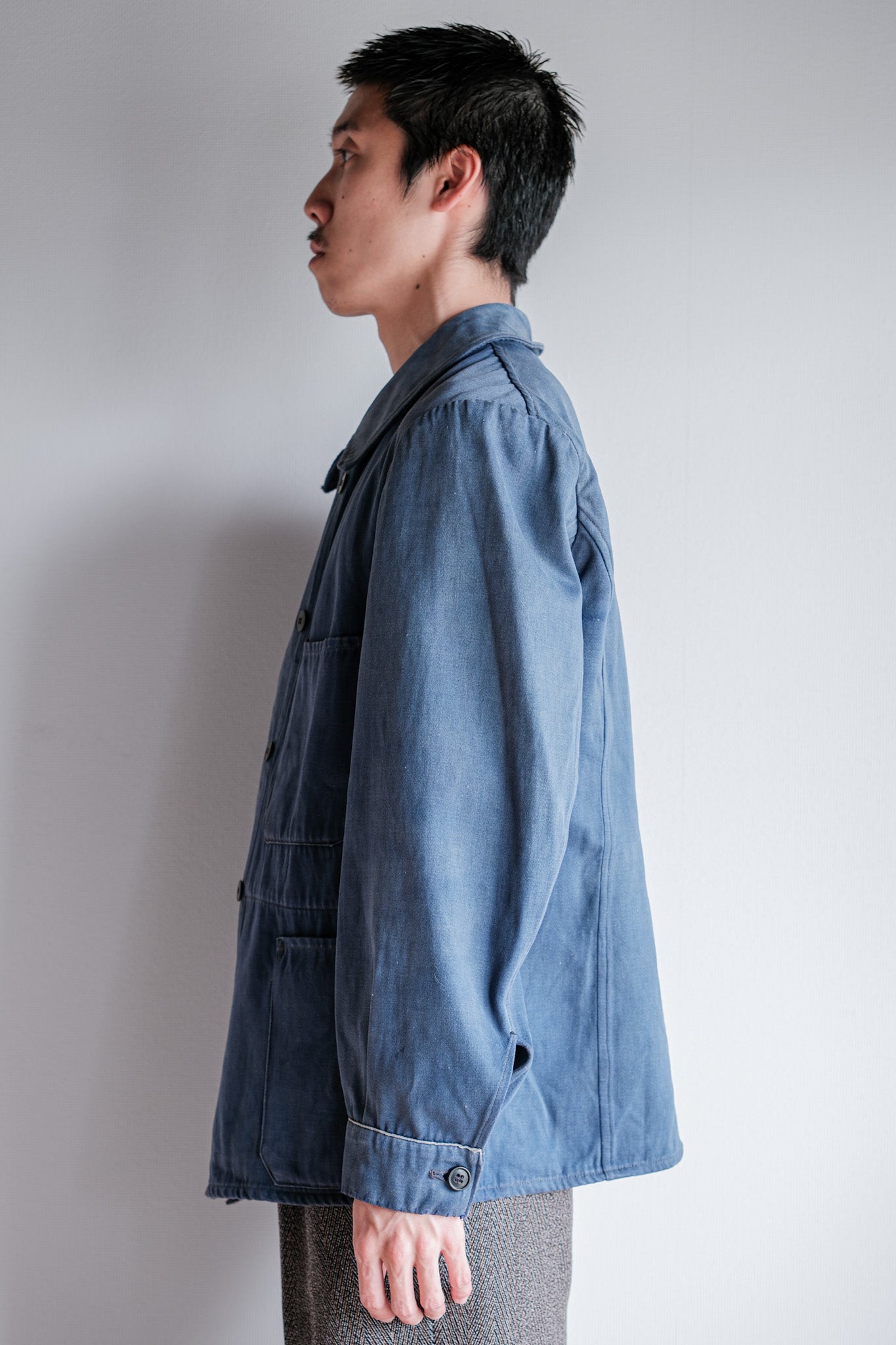 【~20's】French Vintage Blue Moleskin Double Breasted Work Jacket "Adolphe Lafont"