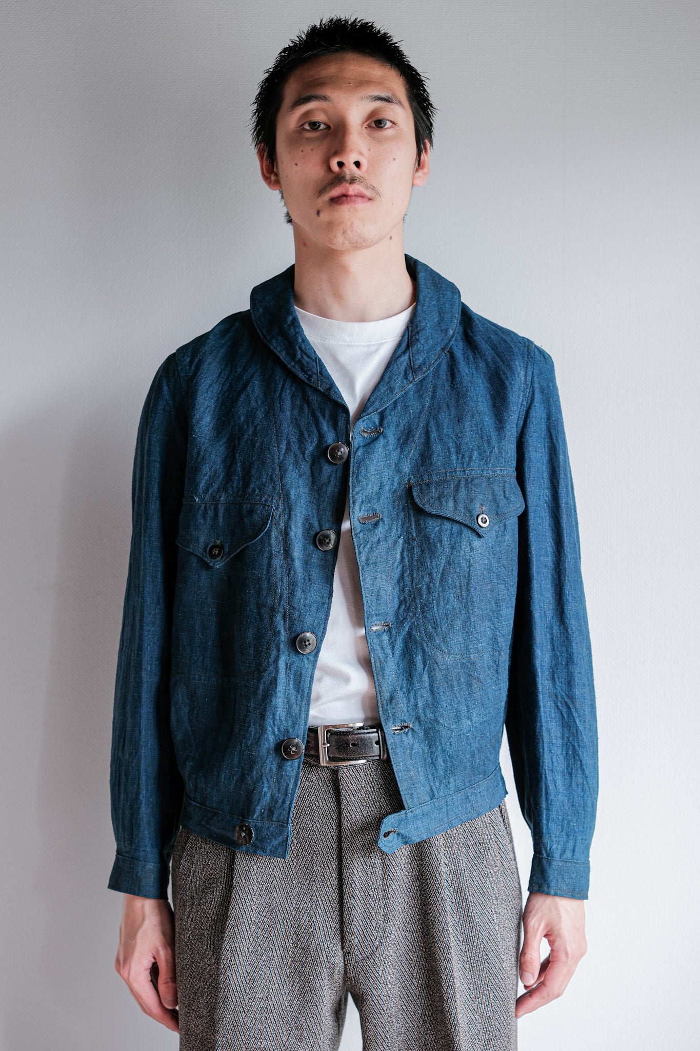 【~40's】French Navy Indigo Linen Shawl Collar Mechanic Jacket "Marine Nationale"