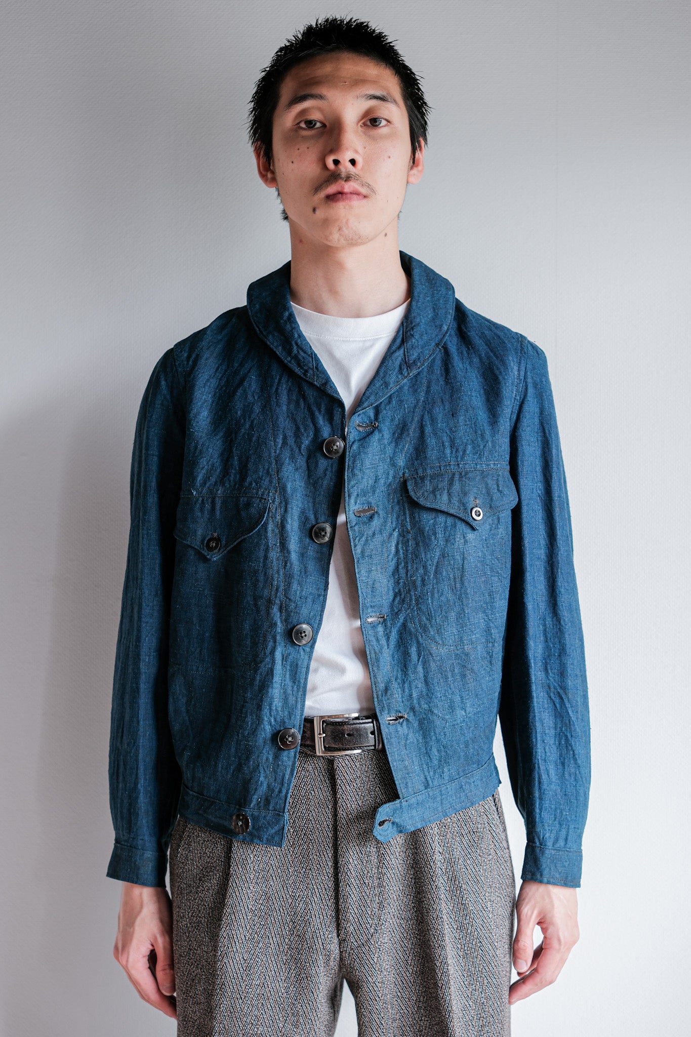 ［~40's］French Navy Indigo Linen Shawl Collar Mechanic Jacket "Marine Nationale"