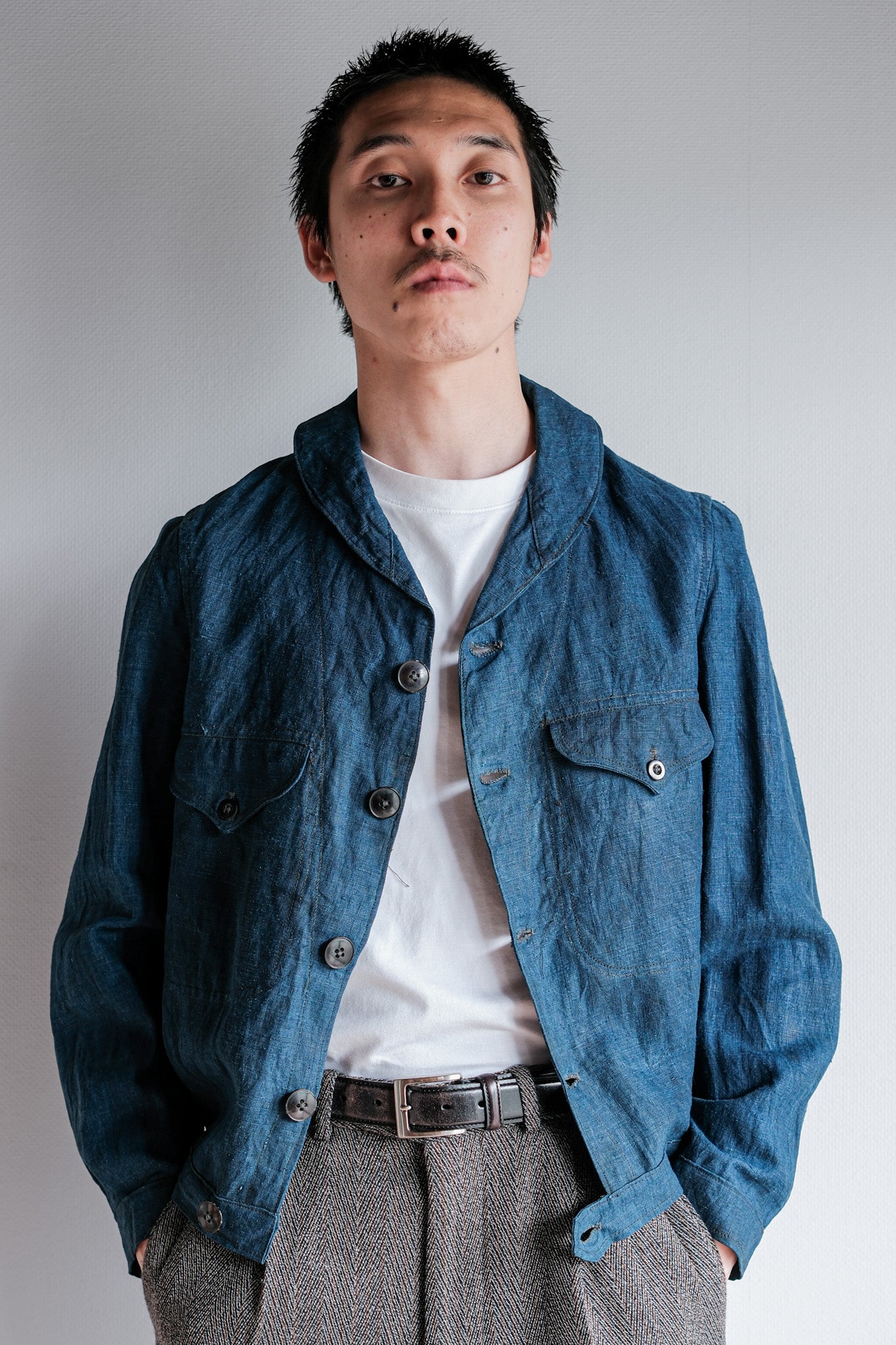 【~40's】French Navy Indigo Linen Shawl Collar Mechanic Jacket "Marine Nationale"