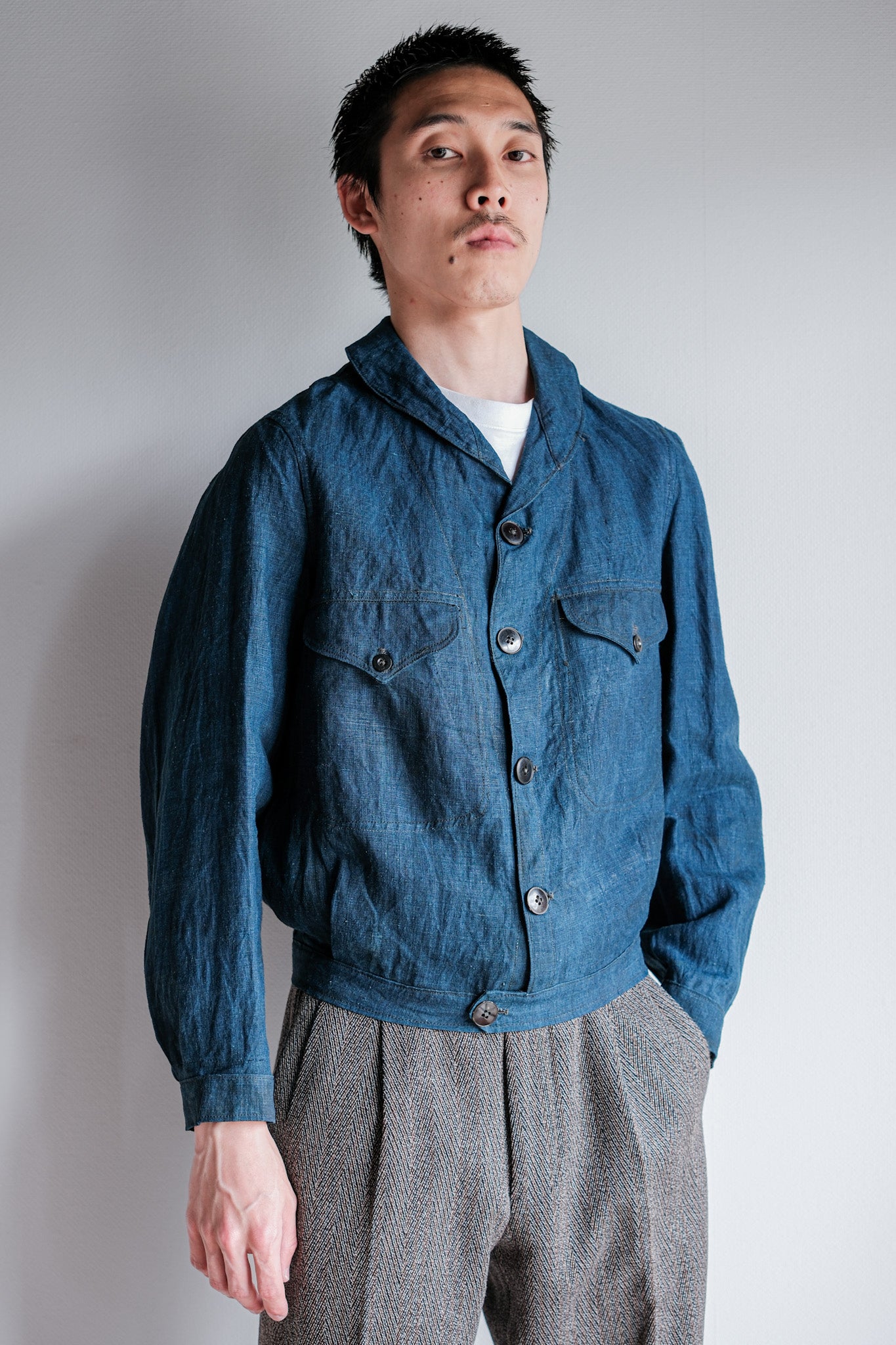 【~40's】French Navy Indigo Linen Shawl Collar Mechanic Jacket "Marine Nationale"