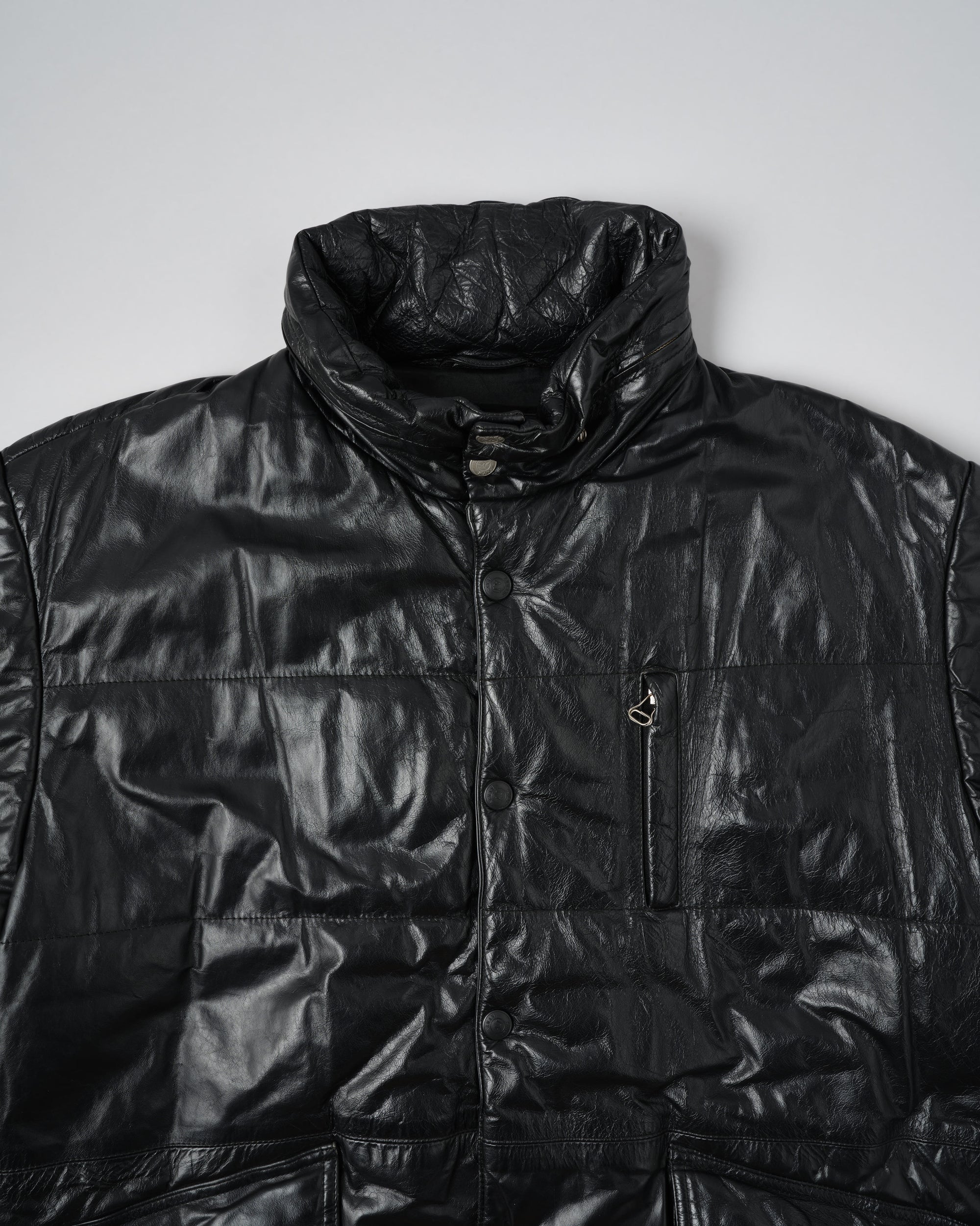 ［~90’s］Old ARMANI JEANS Black Leather Puffer Jacket Size.52