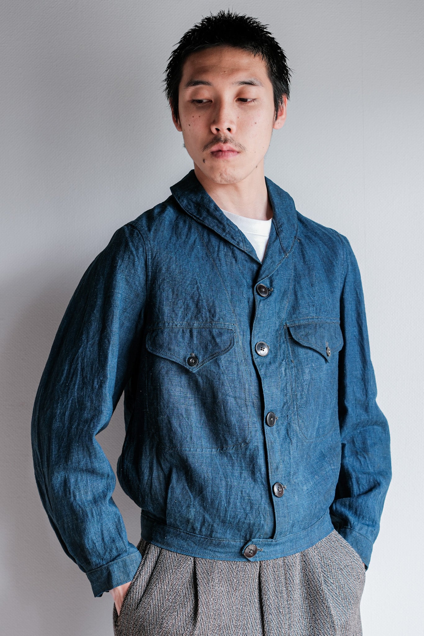 【~40's】French Navy Indigo Linen Shawl Collar Mechanic Jacket "Marine Nationale"