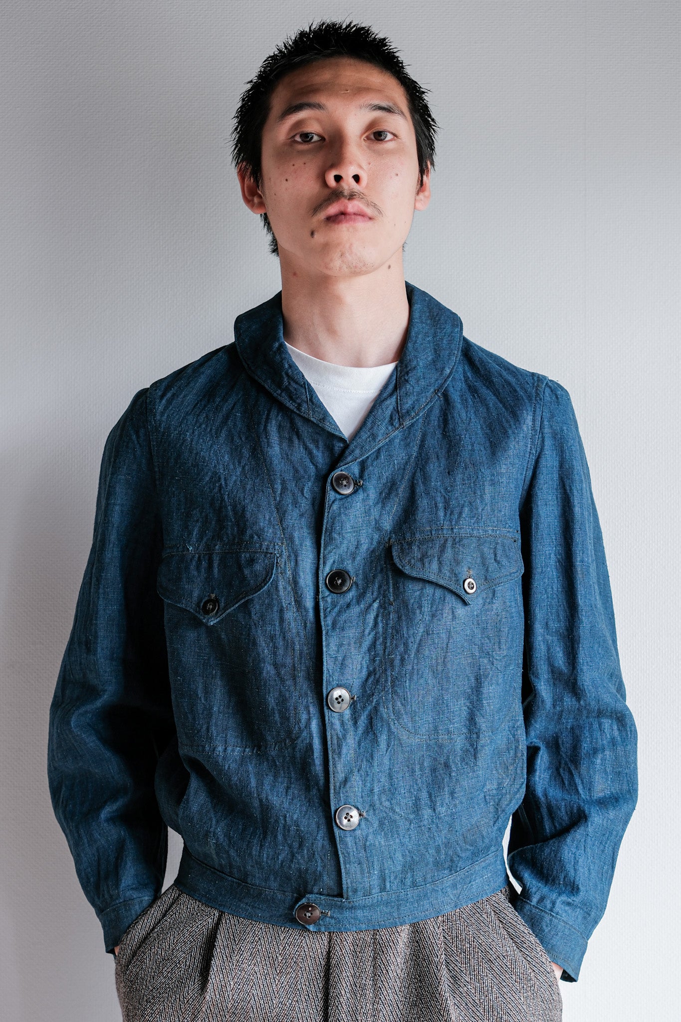 【~40's】French Navy Indigo Linen Shawl Collar Mechanic Jacket "Marine Nationale"