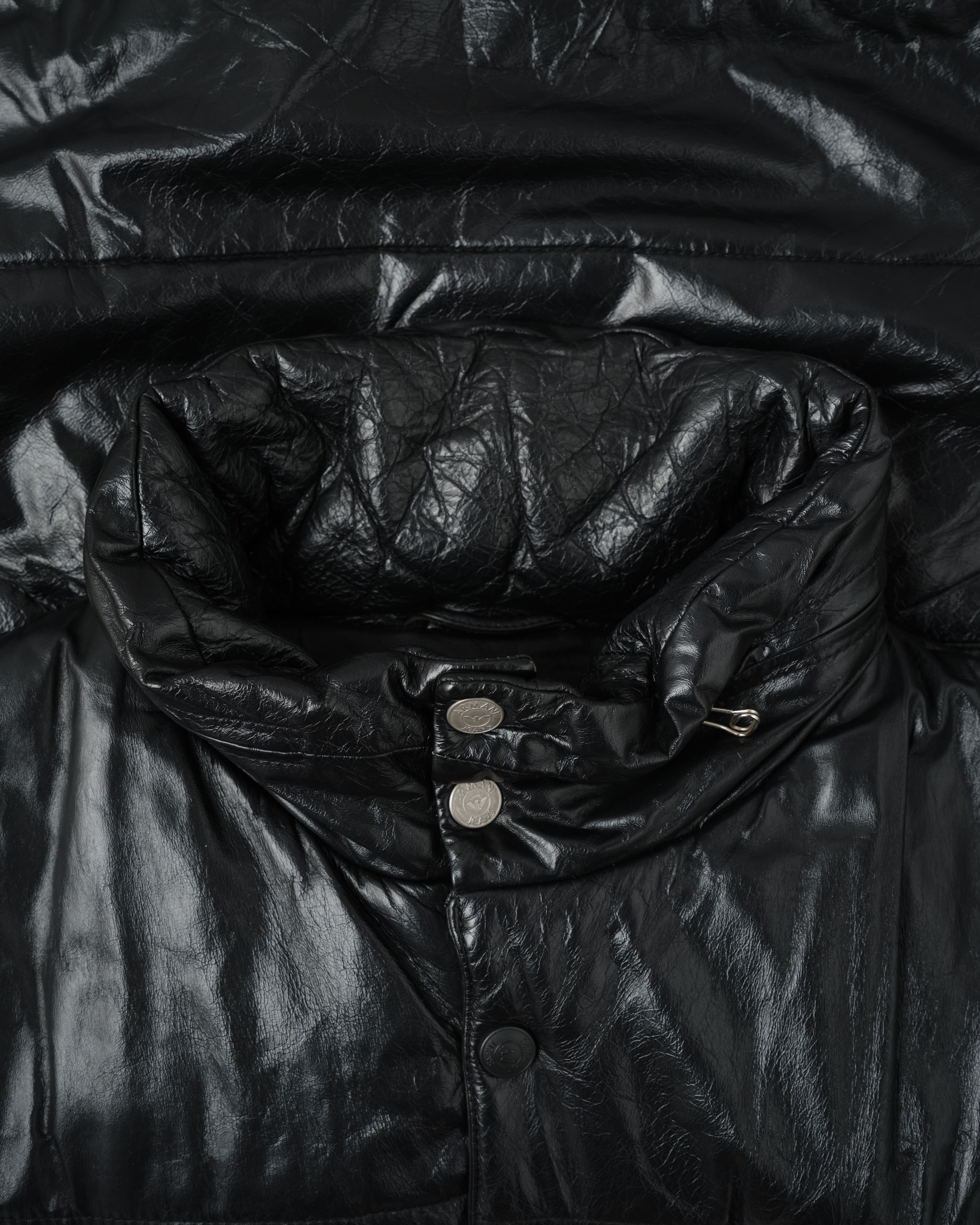 90's］Old ARMANI JEANS Black Leather Puffer Jacket Size.52 | VIEUX