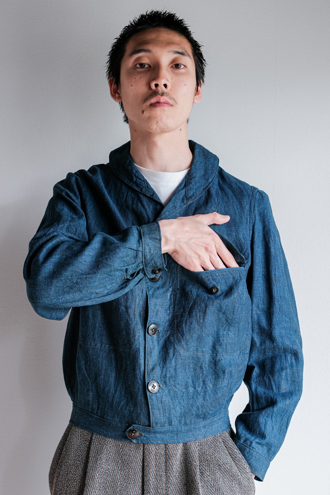 ［~40's］French Navy Indigo Linen Shawl Collar Mechanic Jacket "Marine Nationale"