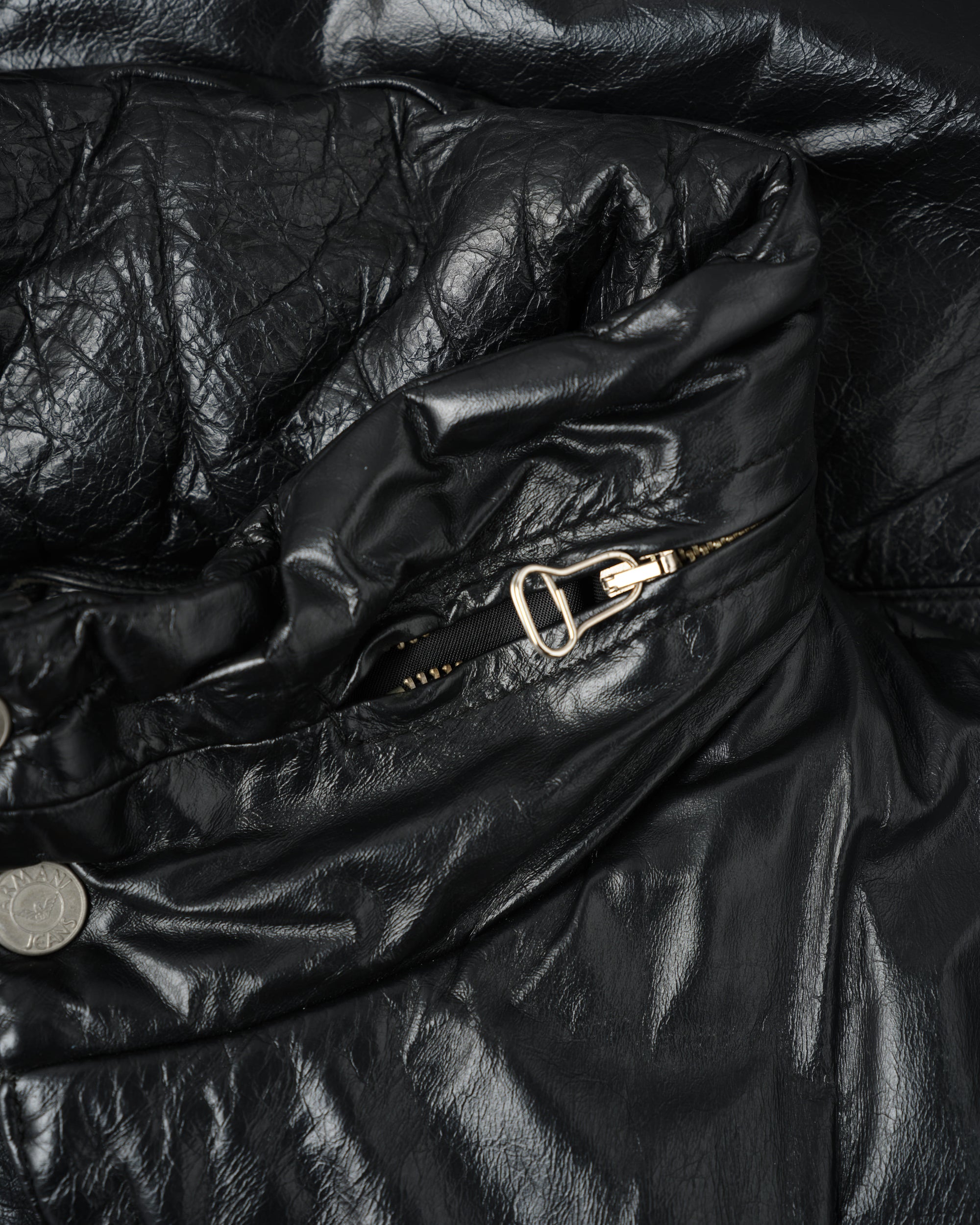 ［~90’s］Old ARMANI JEANS Black Leather Puffer Jacket Size.52