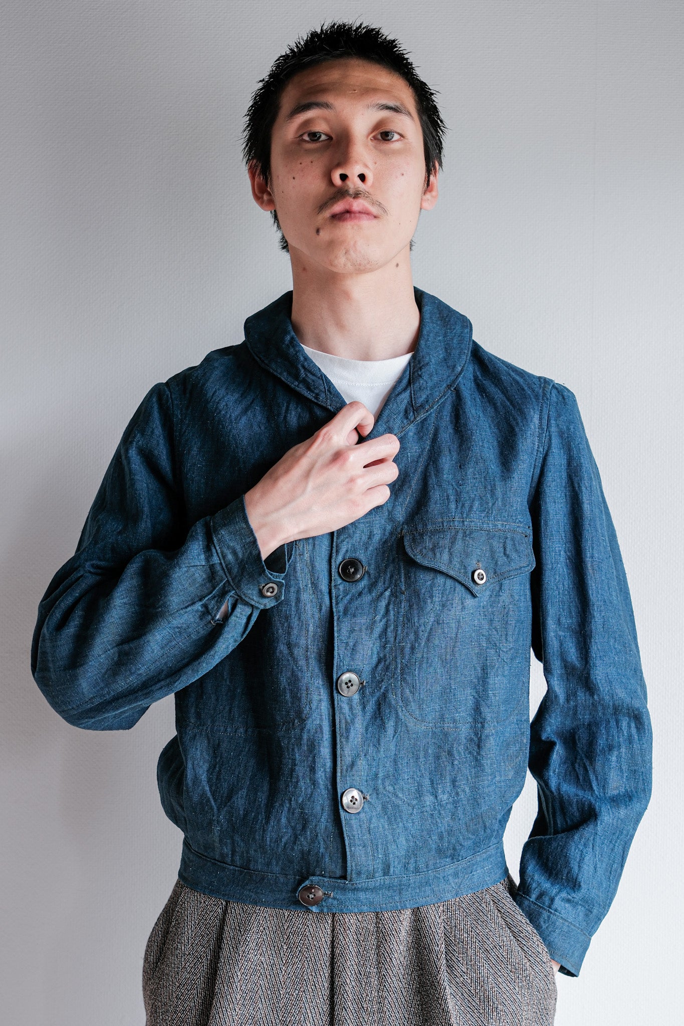 ［~40's］French Navy Indigo Linen Shawl Collar Mechanic Jacket "Marine Nationale"