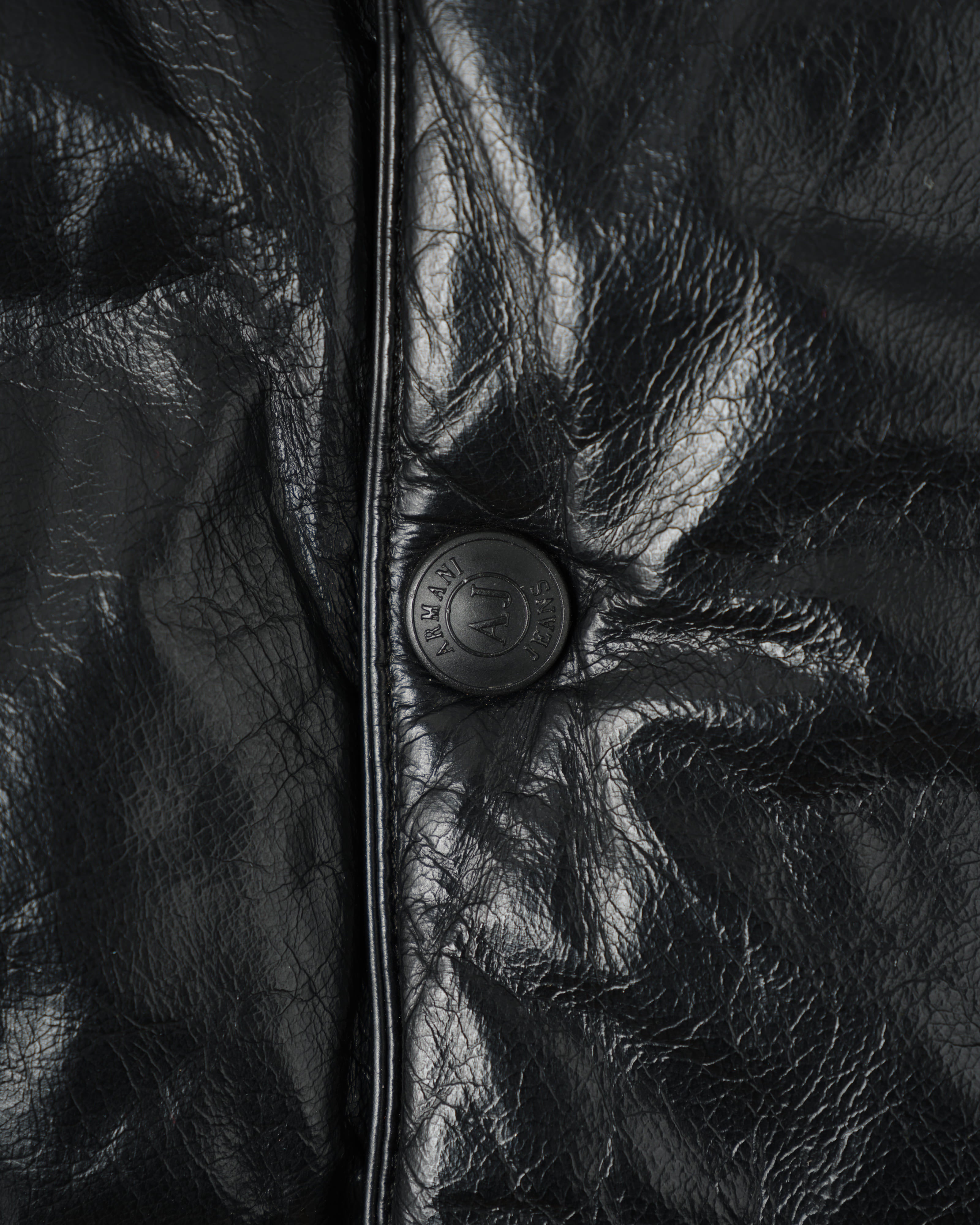 90's］Old ARMANI JEANS Black Leather Puffer Jacket Size.52 | VIEUX