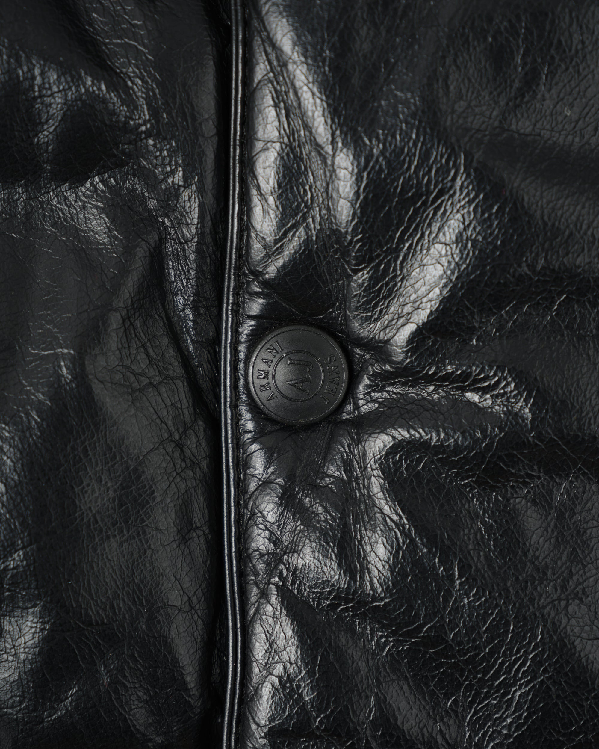 ［~90’s］Old ARMANI JEANS Black Leather Puffer Jacket Size.52