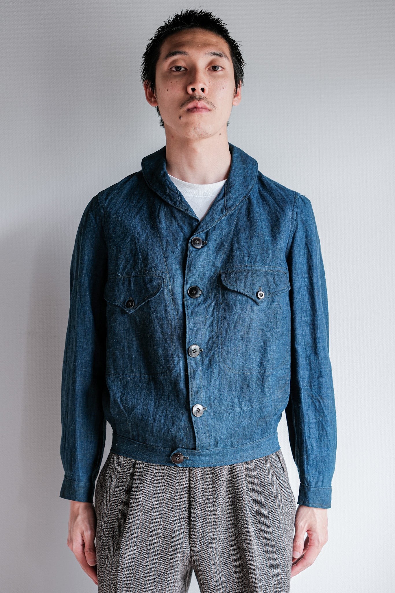 【~40's】French Navy Indigo Linen Shawl Collar Mechanic Jacket "Marine Nationale"