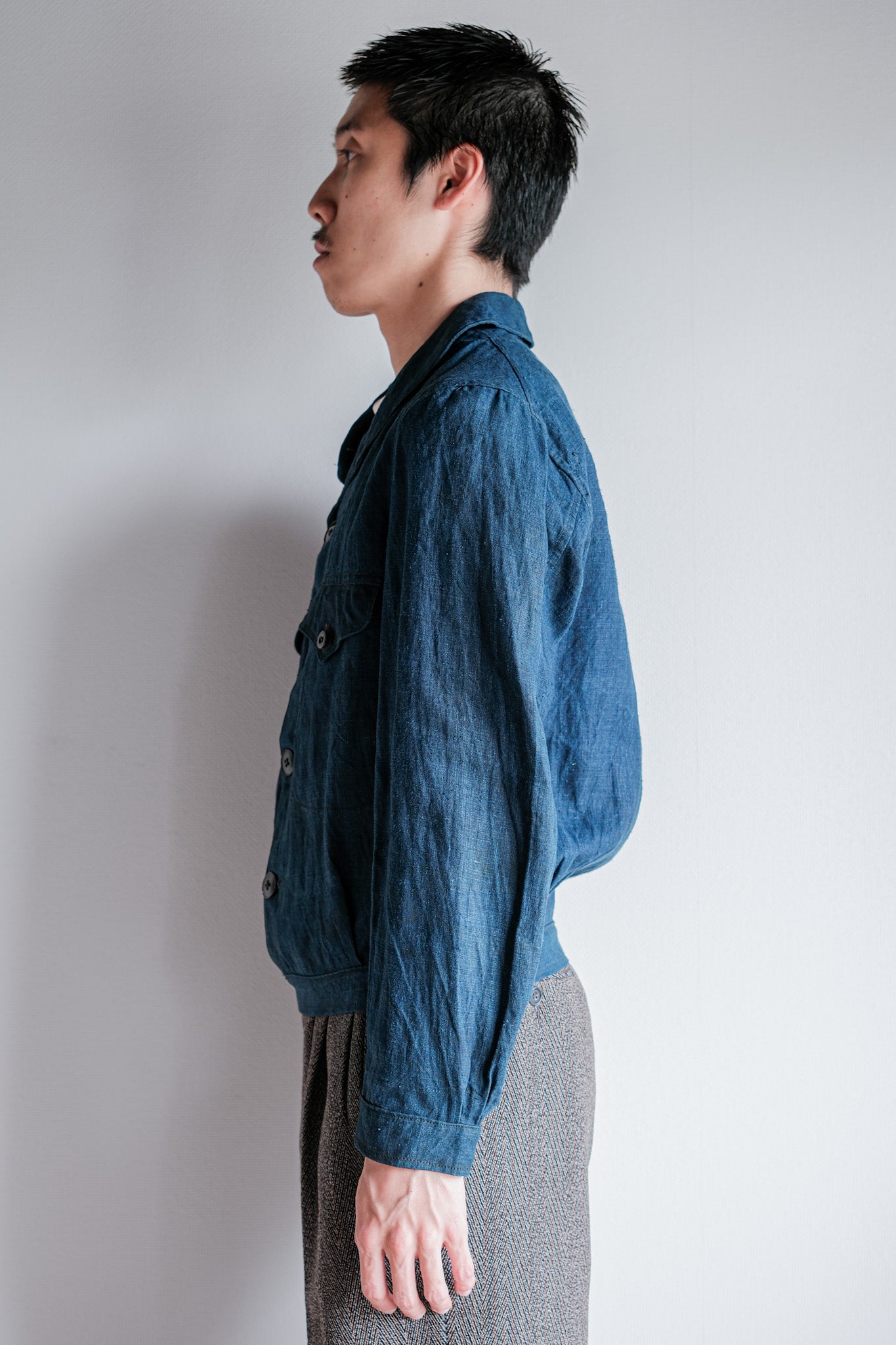 【~40's】French Navy Indigo Linen Shawl Collar Mechanic Jacket "Marine Nationale"