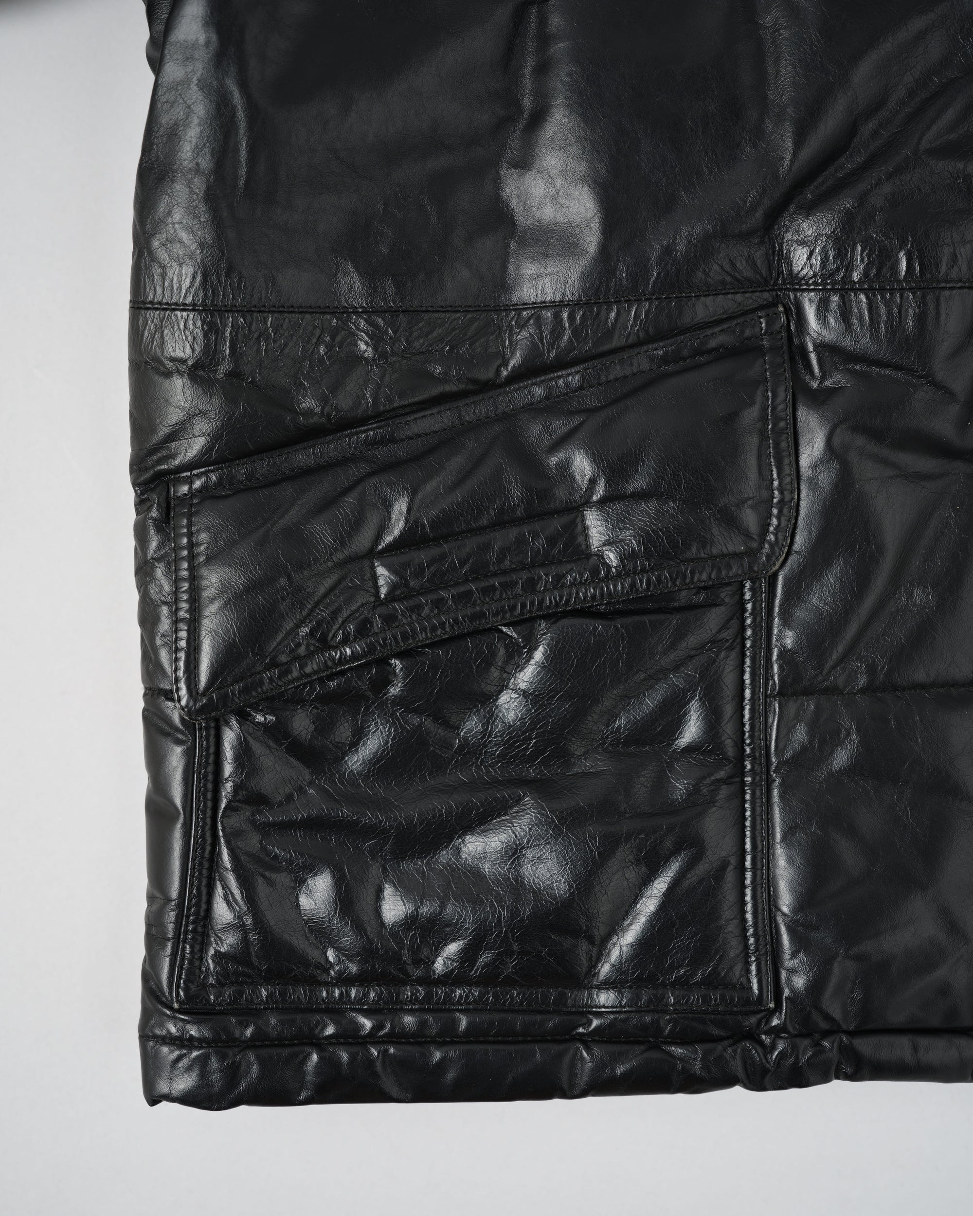 ［~90’s］Old ARMANI JEANS Black Leather Puffer Jacket Size.52
