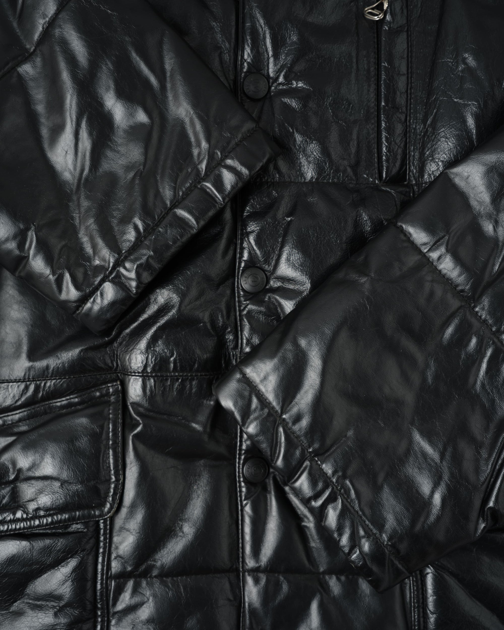 ［~90’s］Old ARMANI JEANS Black Leather Puffer Jacket Size.52