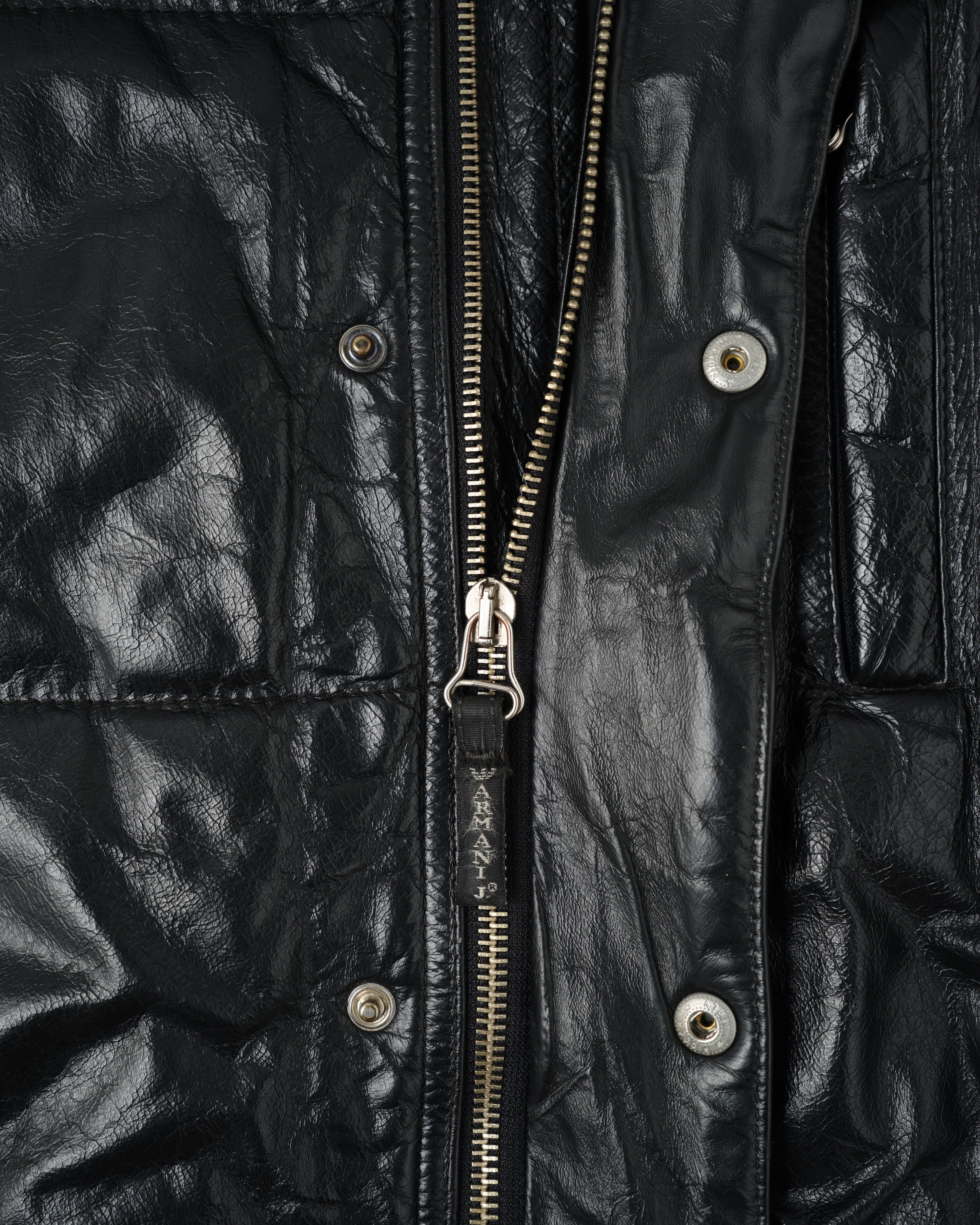 90's］Old ARMANI JEANS Black Leather Puffer Jacket Size.52 | VIEUX