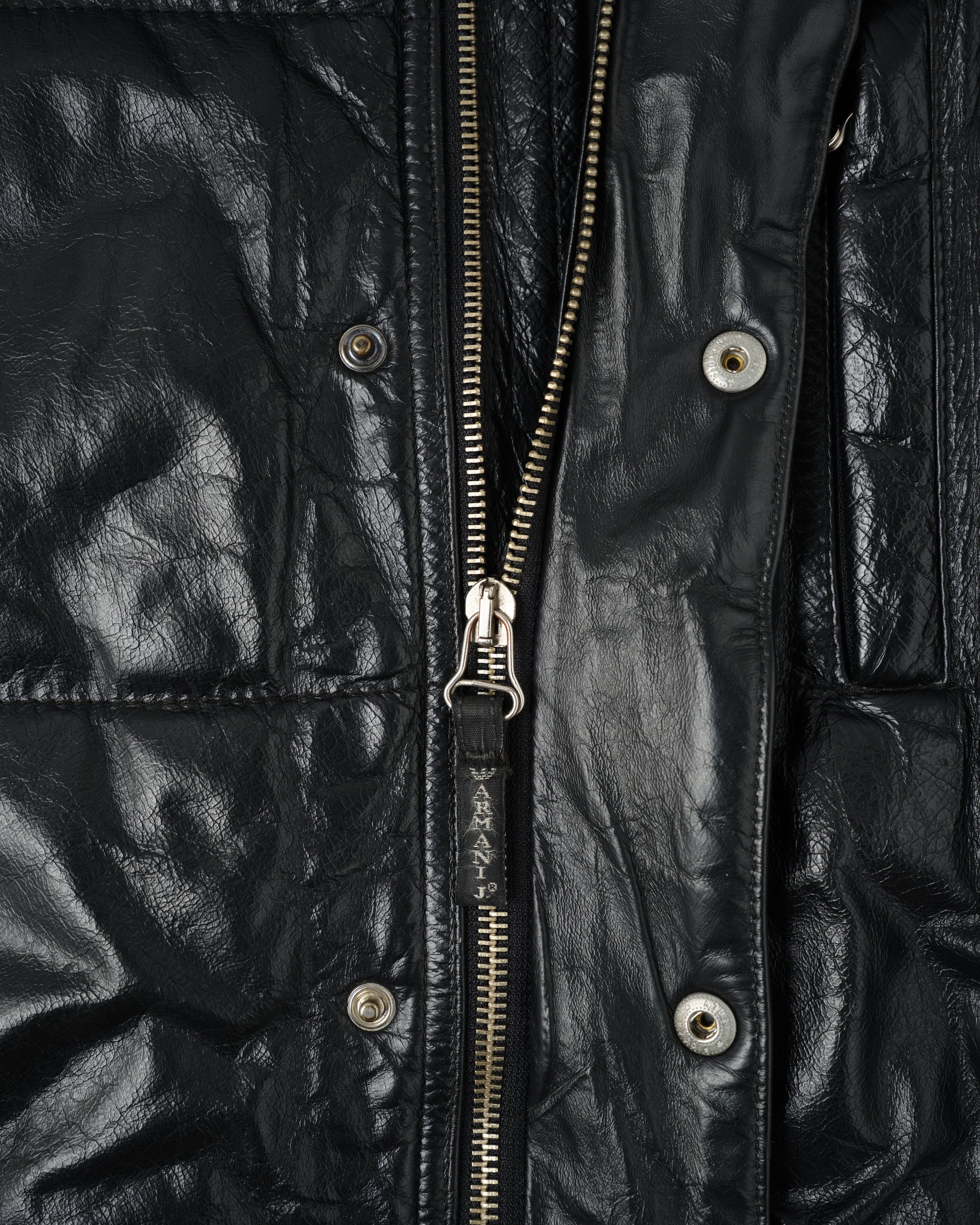 ［~90’s］Old ARMANI JEANS Black Leather Puffer Jacket Size.52