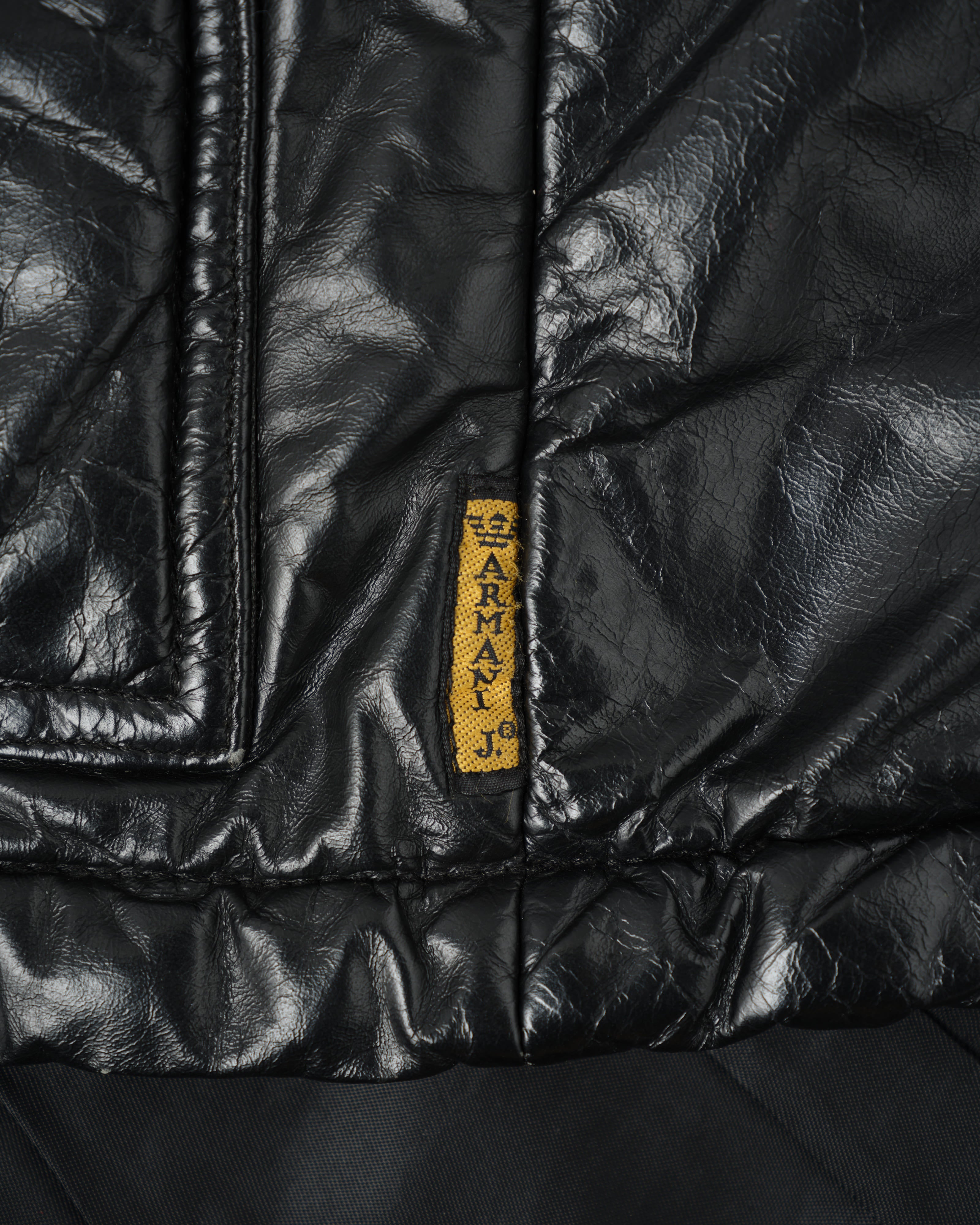 90's］Old ARMANI JEANS Black Leather Puffer Jacket Size.52 | VIEUX