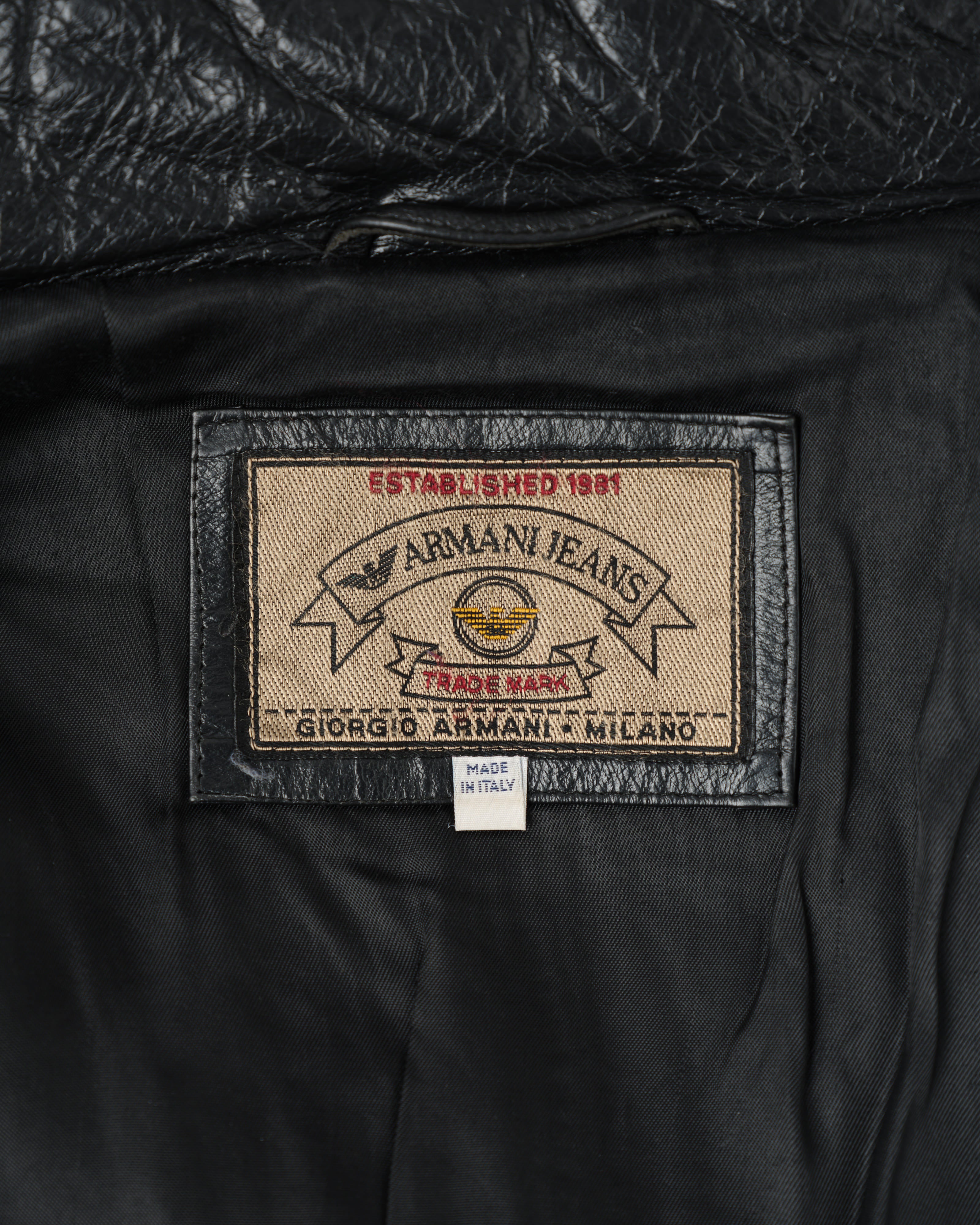 90's］Old ARMANI JEANS Black Leather Puffer Jacket Size.52 | VIEUX
