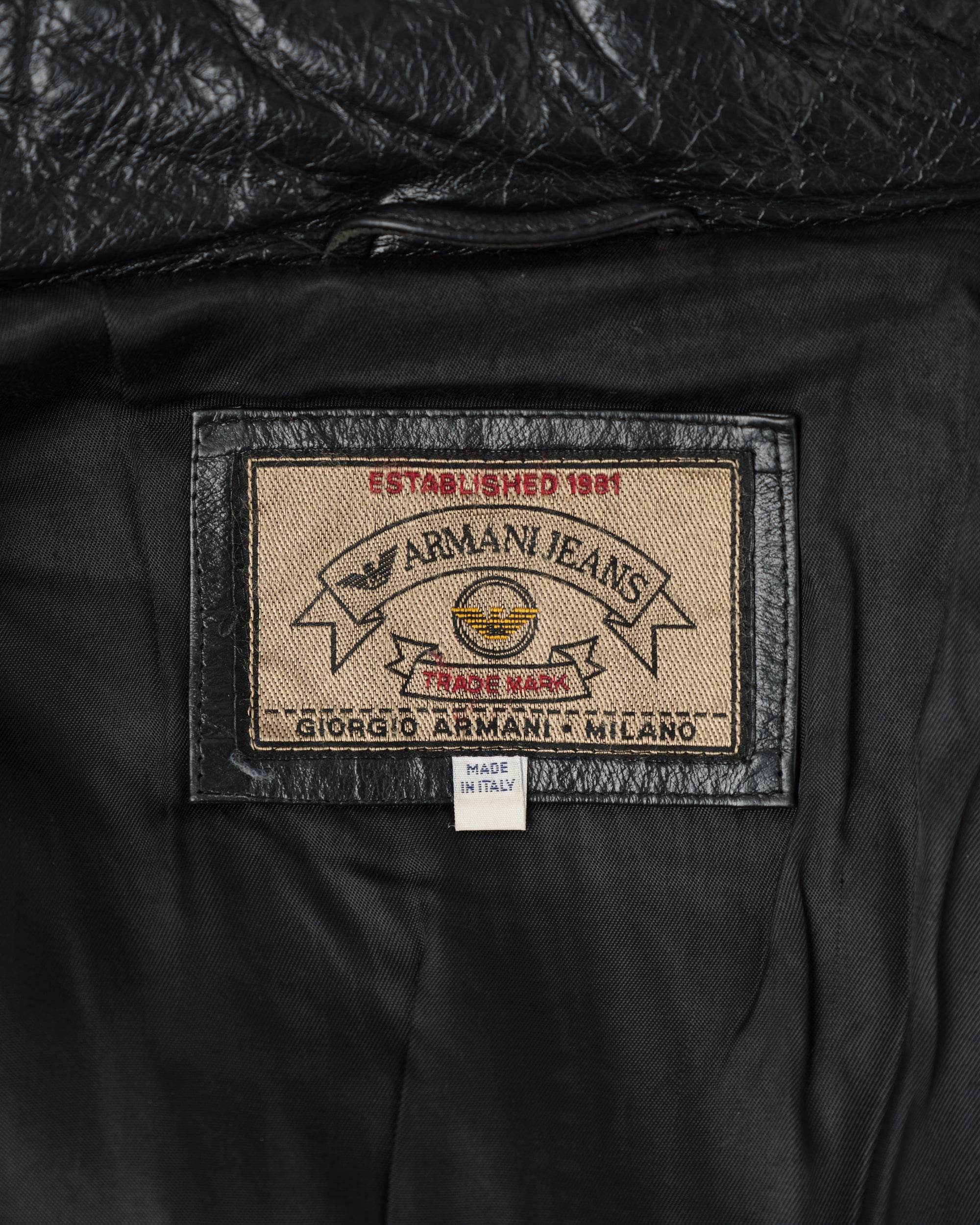［~90’s］Old ARMANI JEANS Black Leather Puffer Jacket Size.52