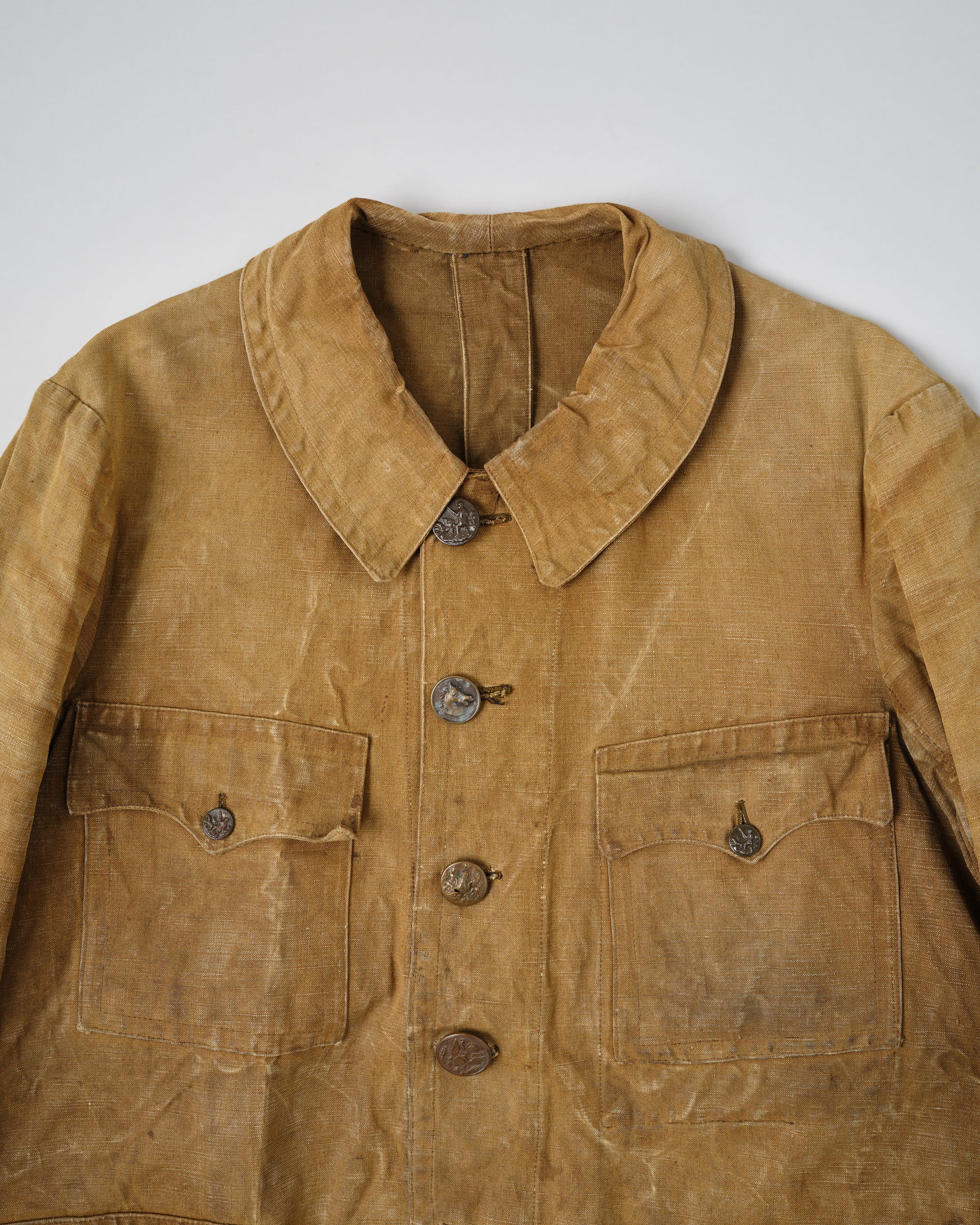 ［~30’s］French Vintage Linen Canvas Hunting Jacket With Chin Strap