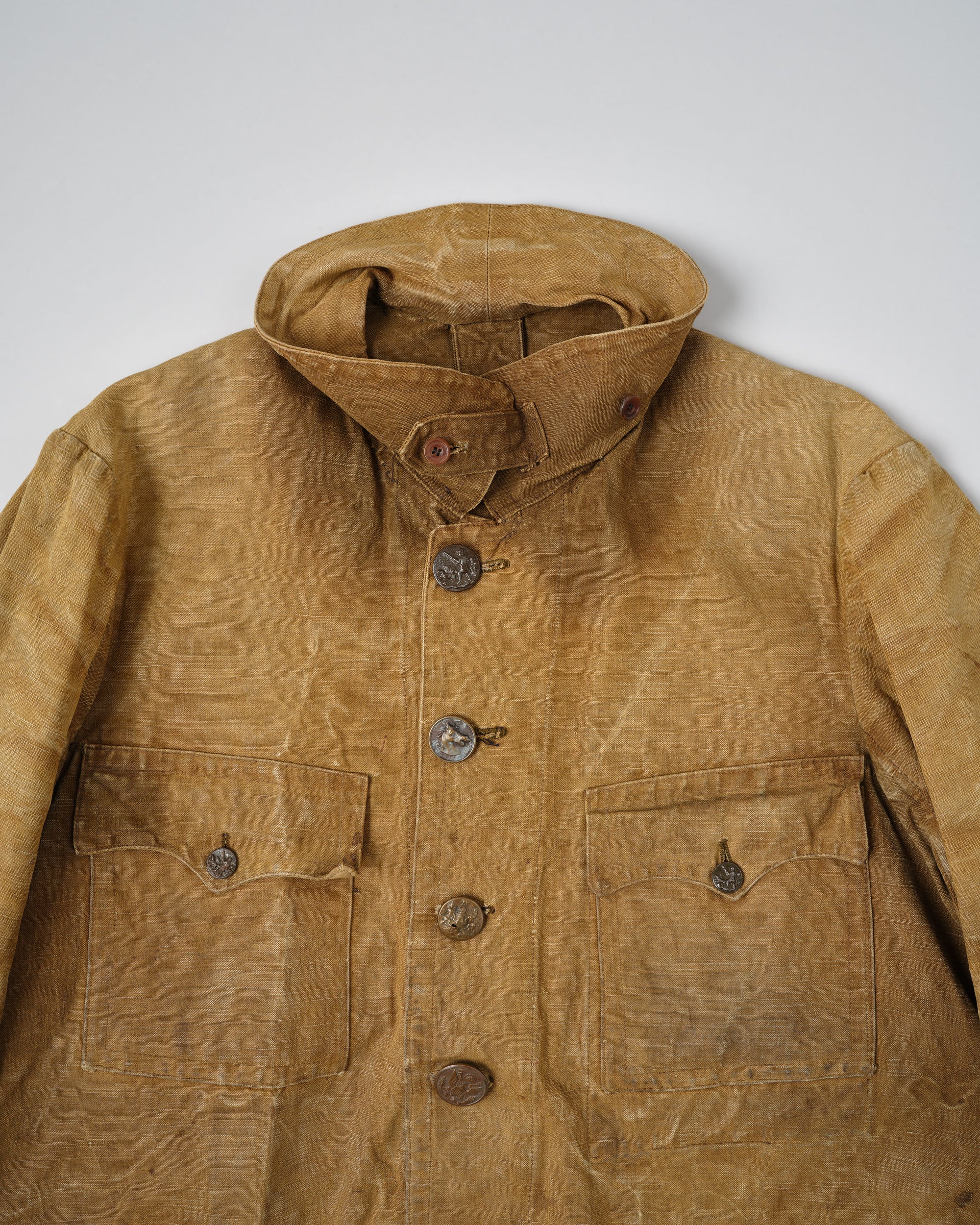 ［~30’s］French Vintage Linen Canvas Hunting Jacket With Chin Strap