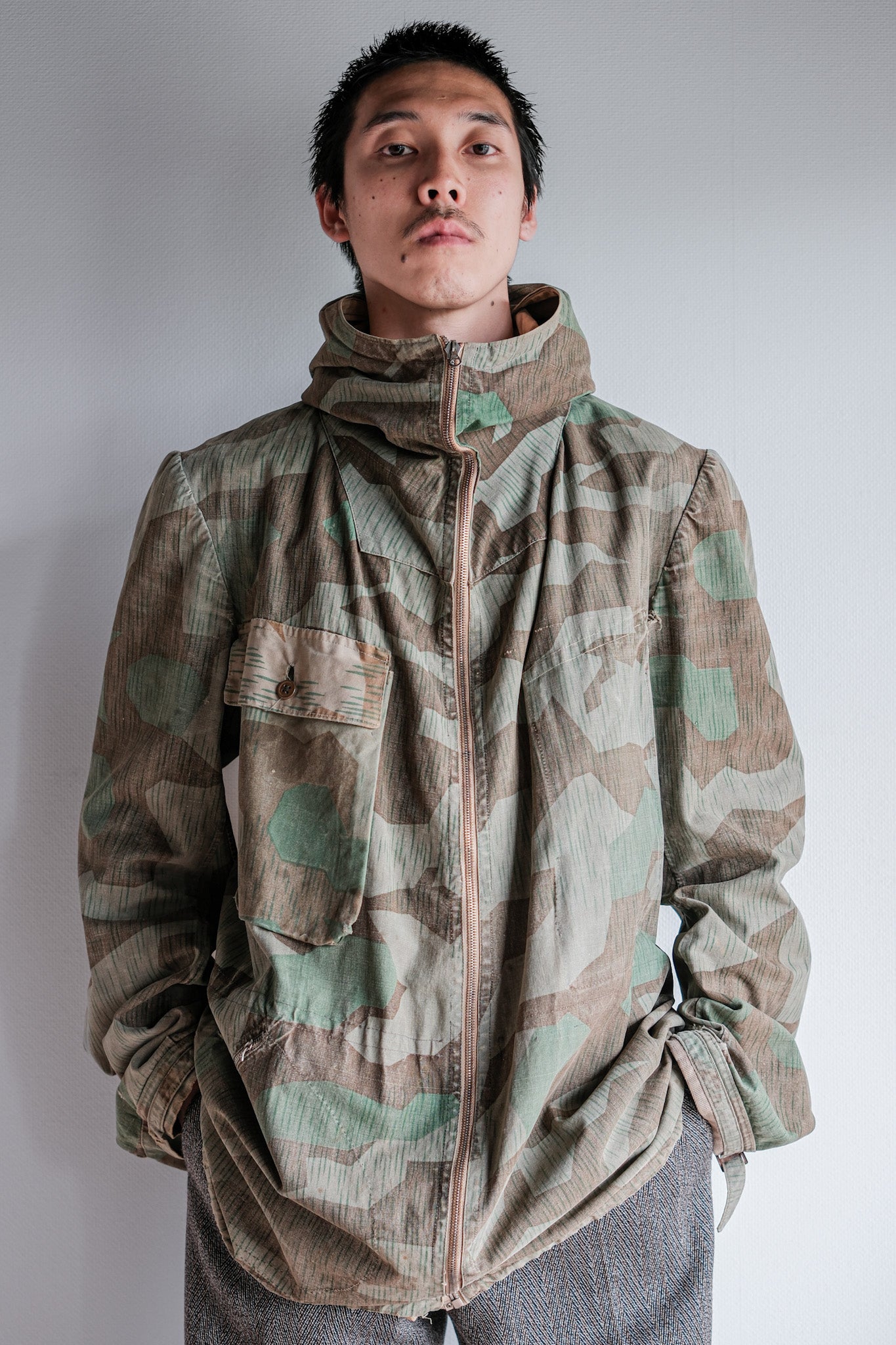 【~40's】WWⅡ German Army Splinter Camouflage Zip Up Hooded Jacket "Localmade" "Wehrmacht"