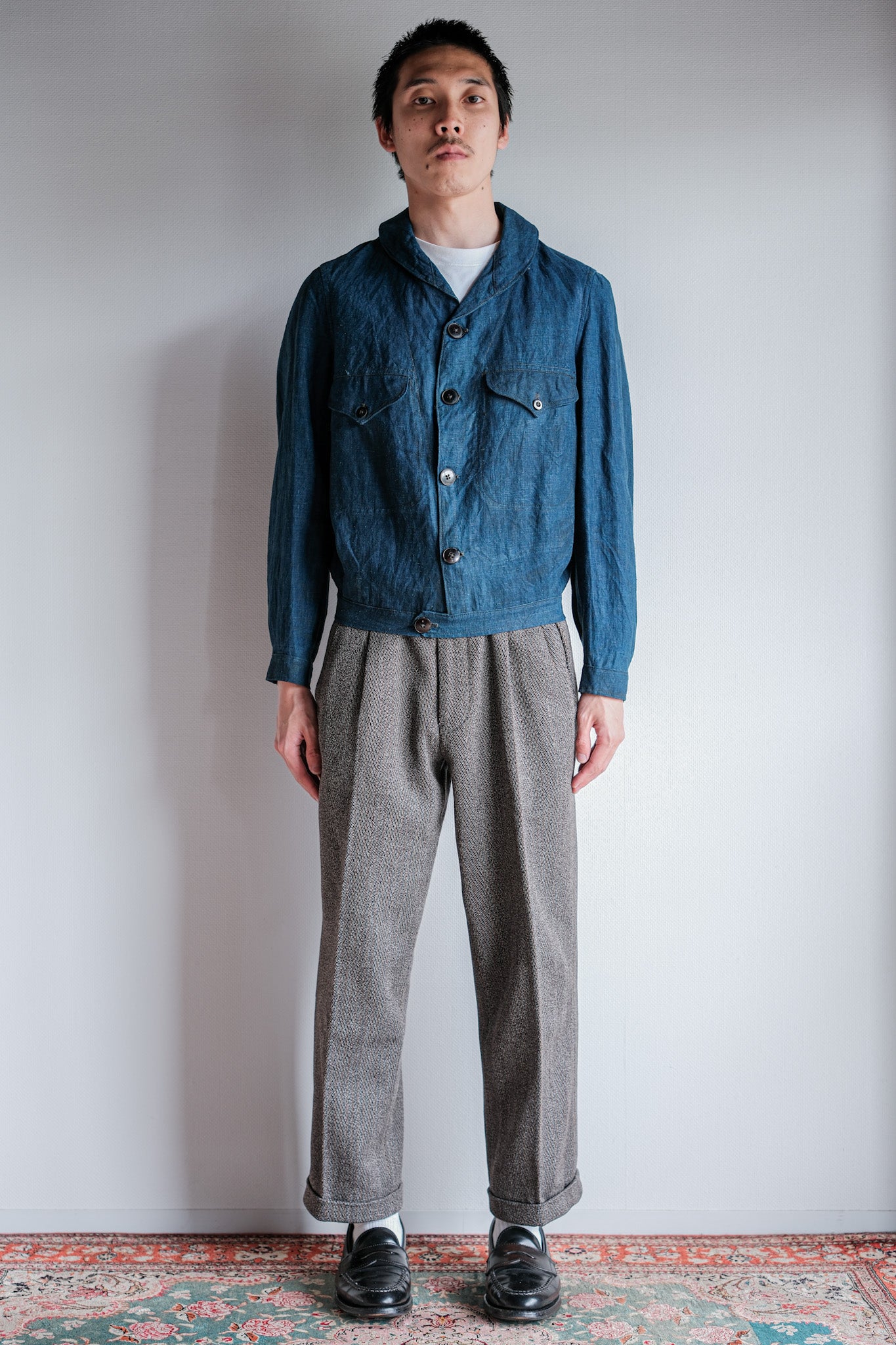 ［~40's］French Navy Indigo Linen Shawl Collar Mechanic Jacket "Marine Nationale"