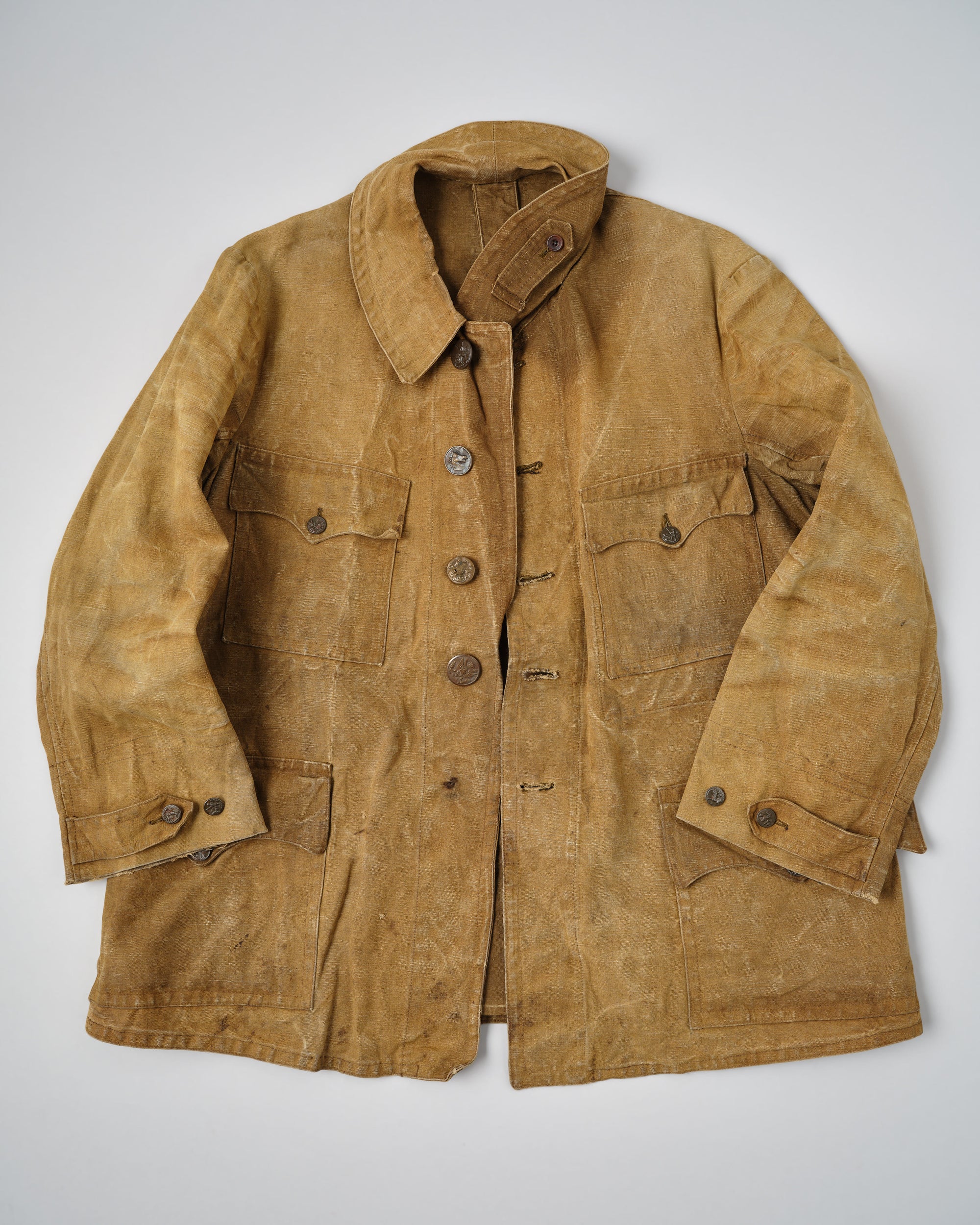 ［~30’s］French Vintage Linen Canvas Hunting Jacket With Chin Strap