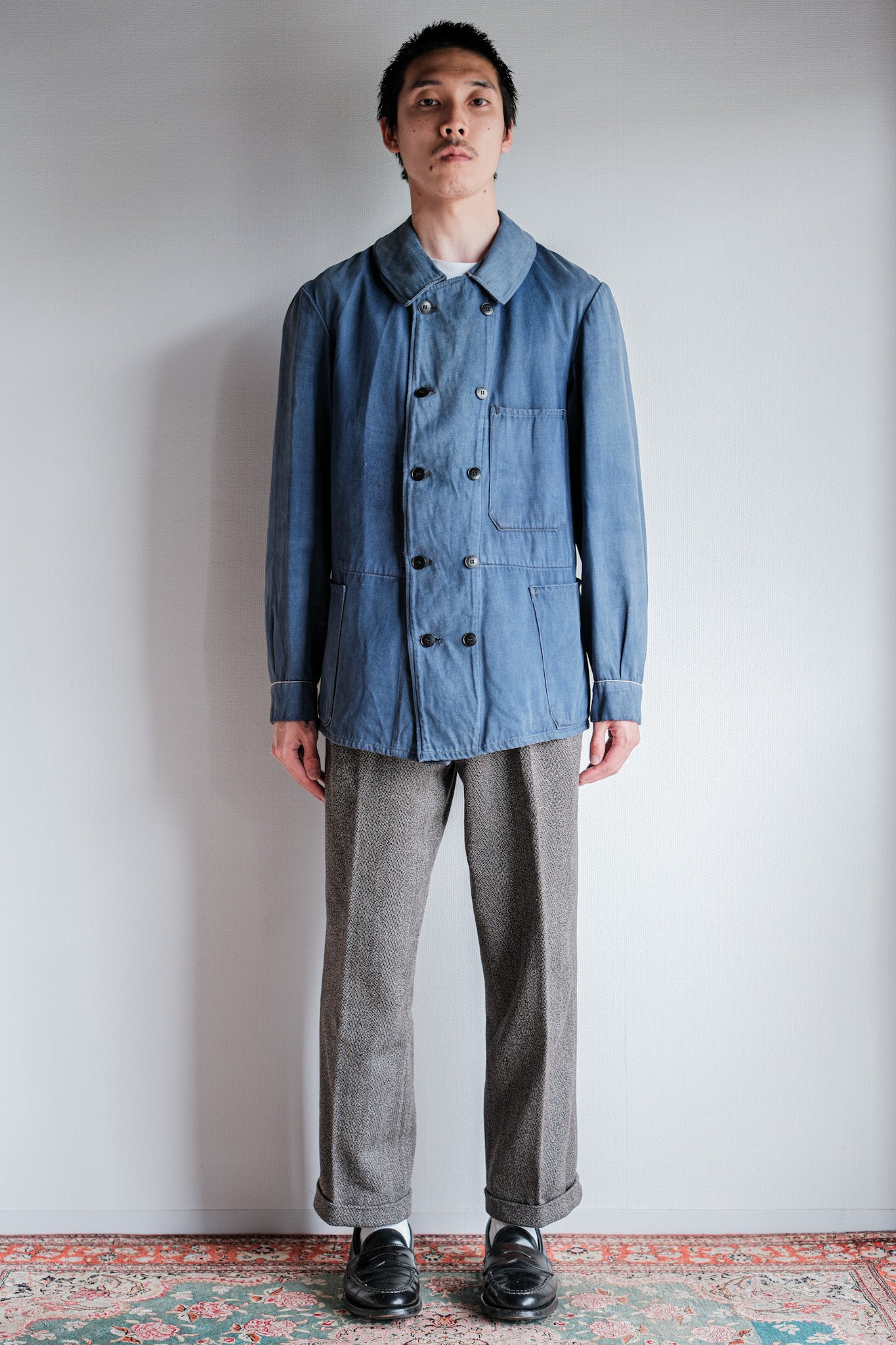 ［~20's］French Vintage Blue Moleskin Double Breasted Work Jacket "Adolphe Lafont"