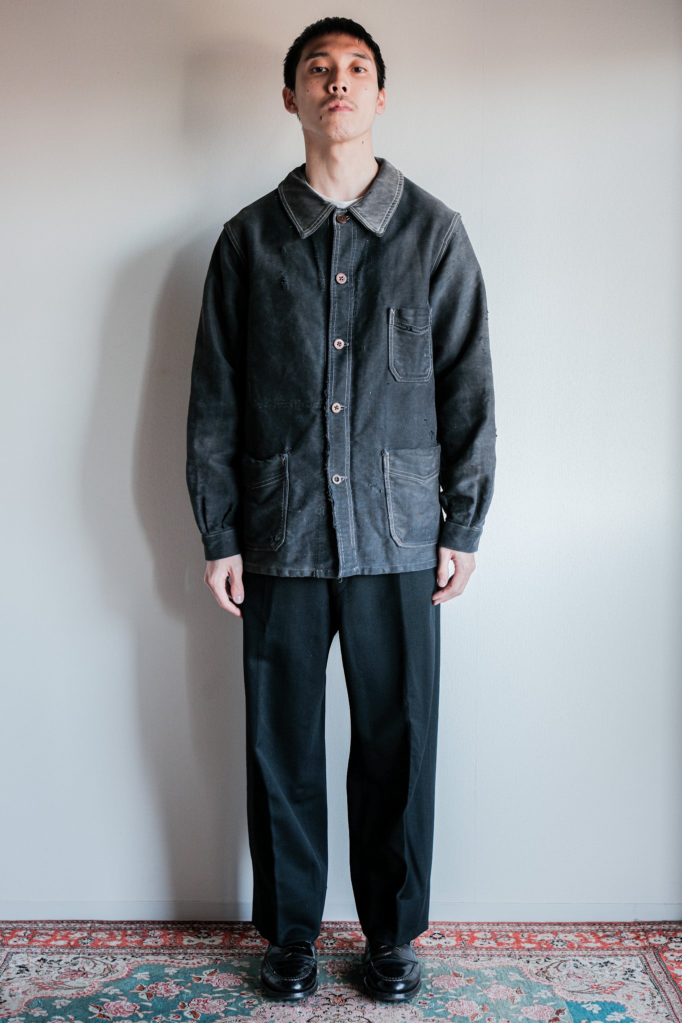 [~ 40 '] 프랑스 빈티지 블랙 몰스킨 작업 재킷 "보로"