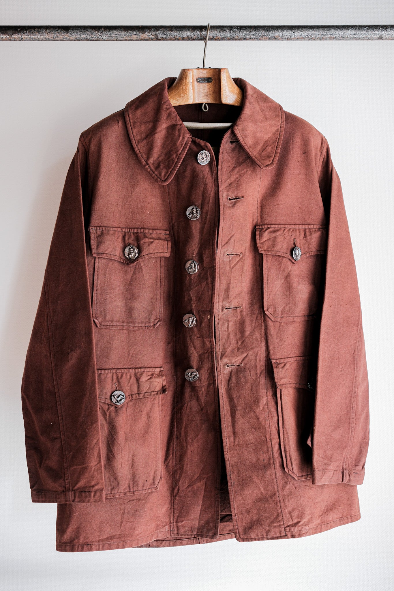[~ 20's] Veste de chasse au lin en coton brun rougeâtre vintage français