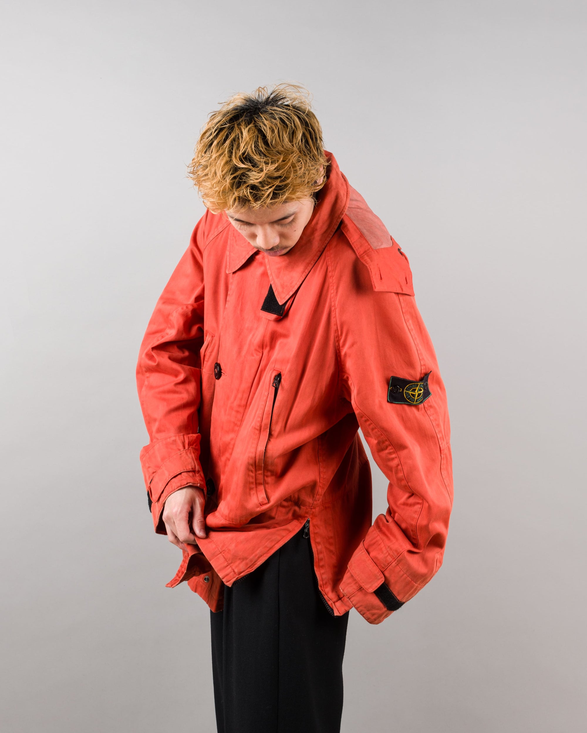 ［96AW］Old STONE ISLAND Garment Dyed Detachable Hood Raglan Sleeve Cotton Jacket Size.M "RASO GOMMATO" "Green Edge"
