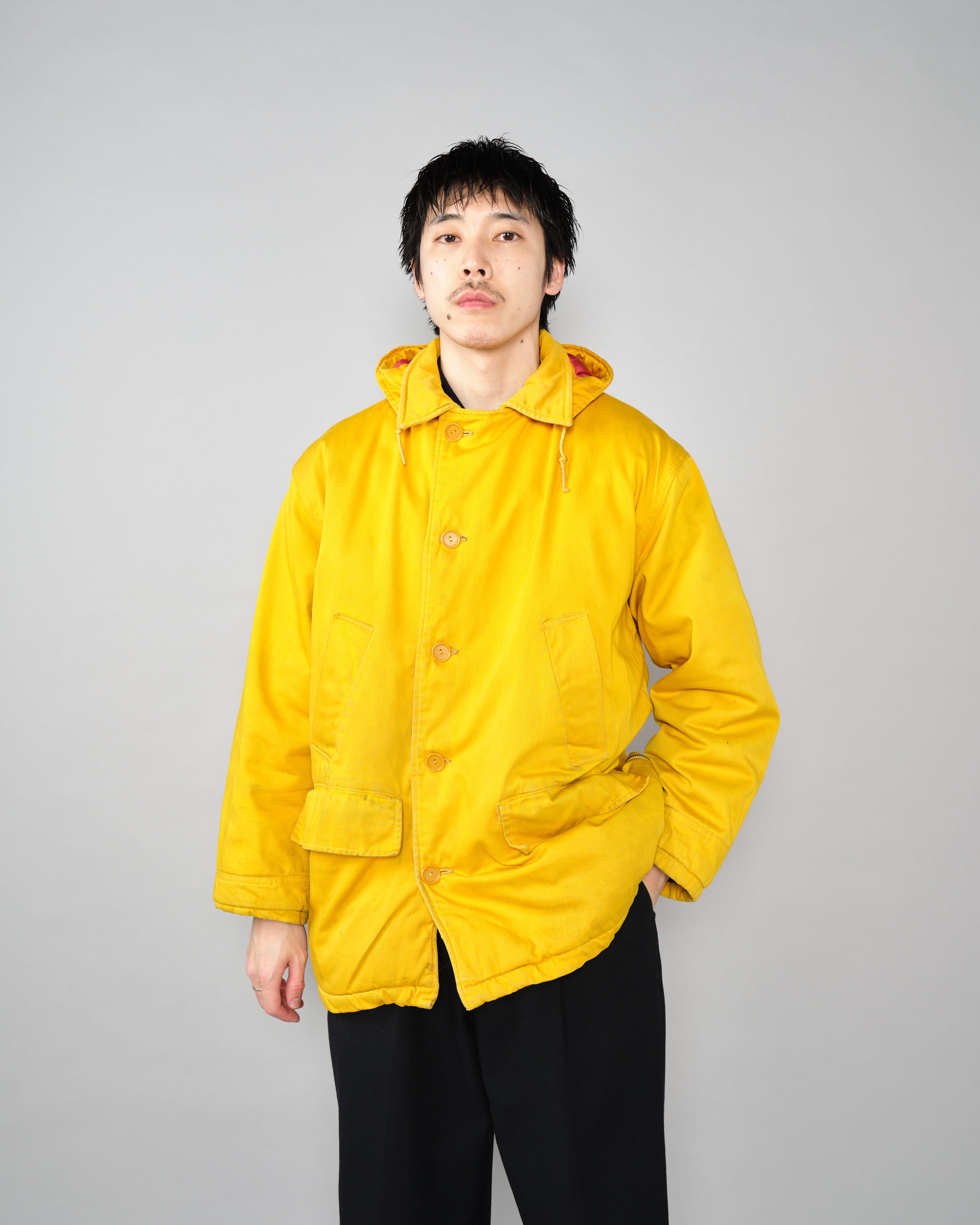 [~60's] 브리티시 빈티지 탈착식 후드 옐로우 코튼 새틴 마운티니어링 재킷