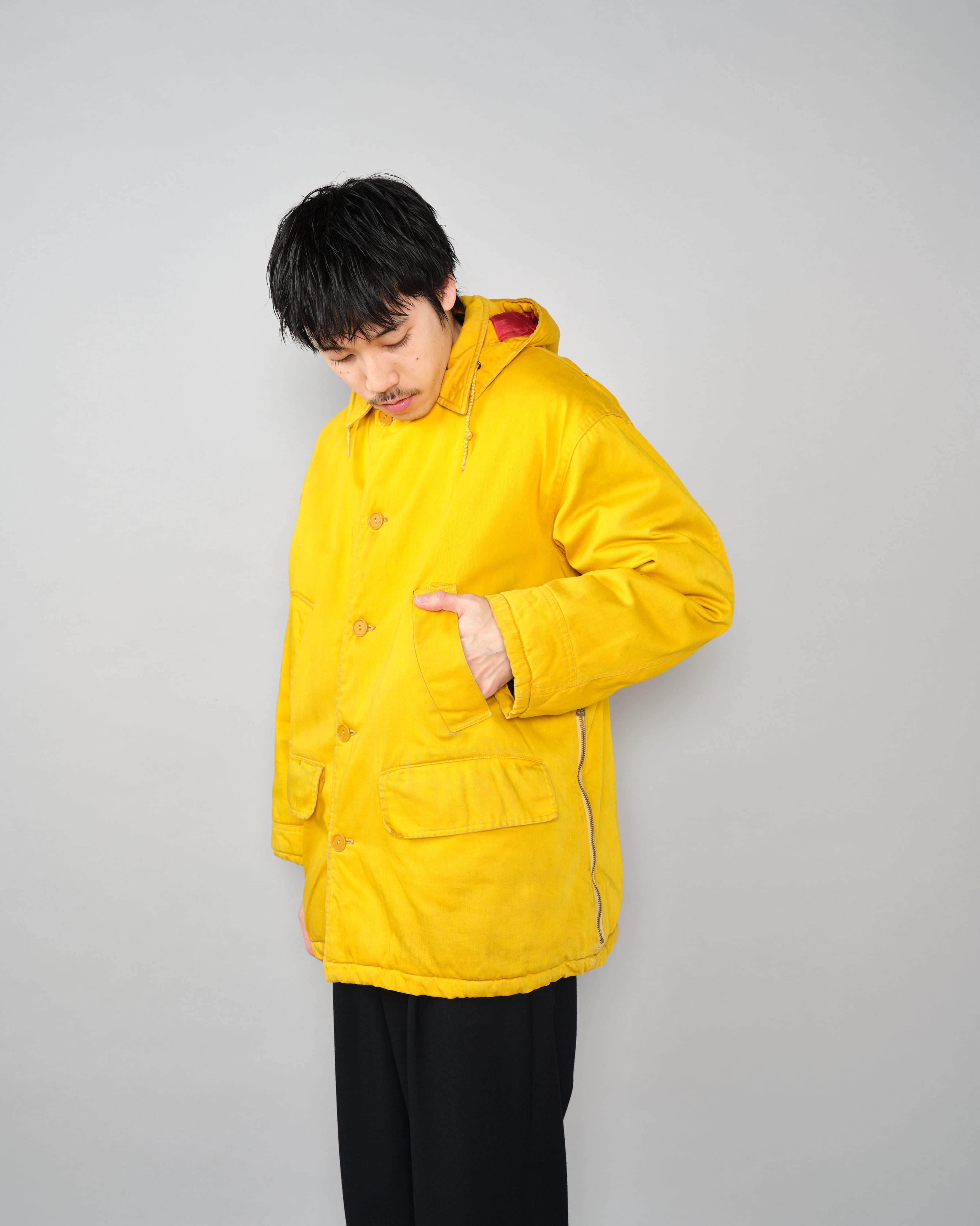 [~60's] 브리티시 빈티지 탈착식 후드 옐로우 코튼 새틴 마운티니어링 재킷