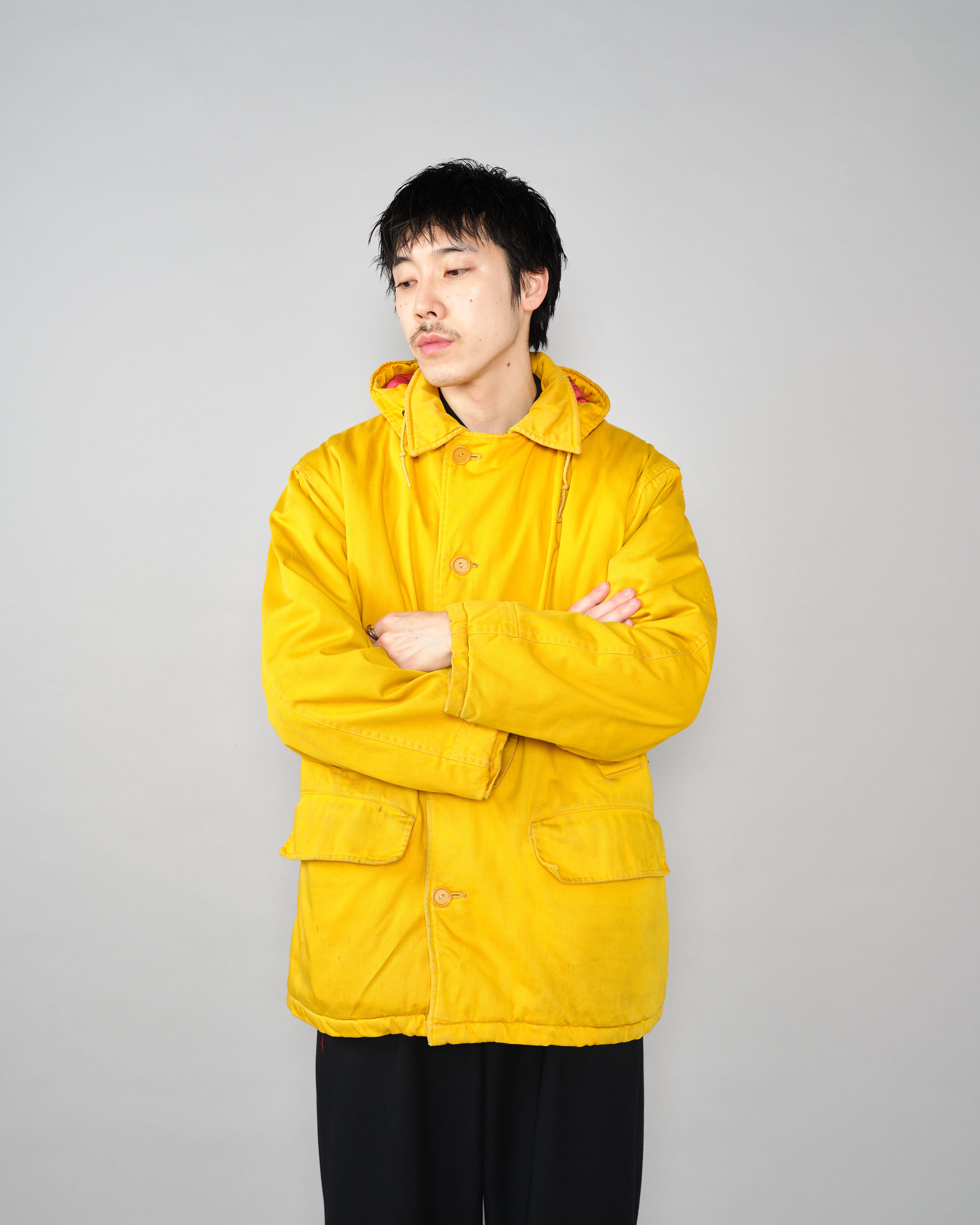大きめ 60s Vintage Sweat parka イエロー ブリーチ 黄色 裏毛ロゴ配色ステッチBIGプルオーバー – HEART MARKET