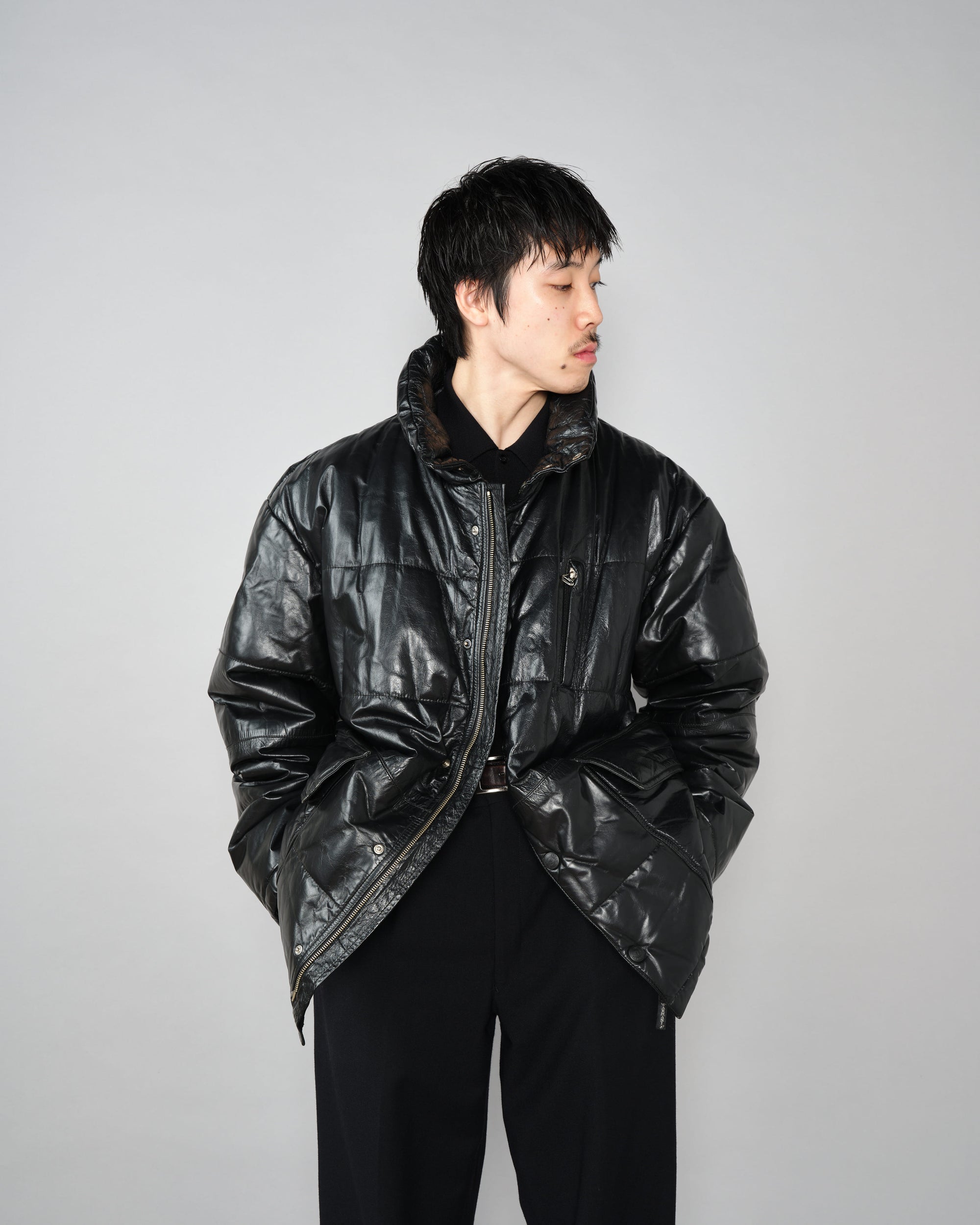 ［~90’s］Old ARMANI JEANS Black Leather Puffer Jacket Size.52