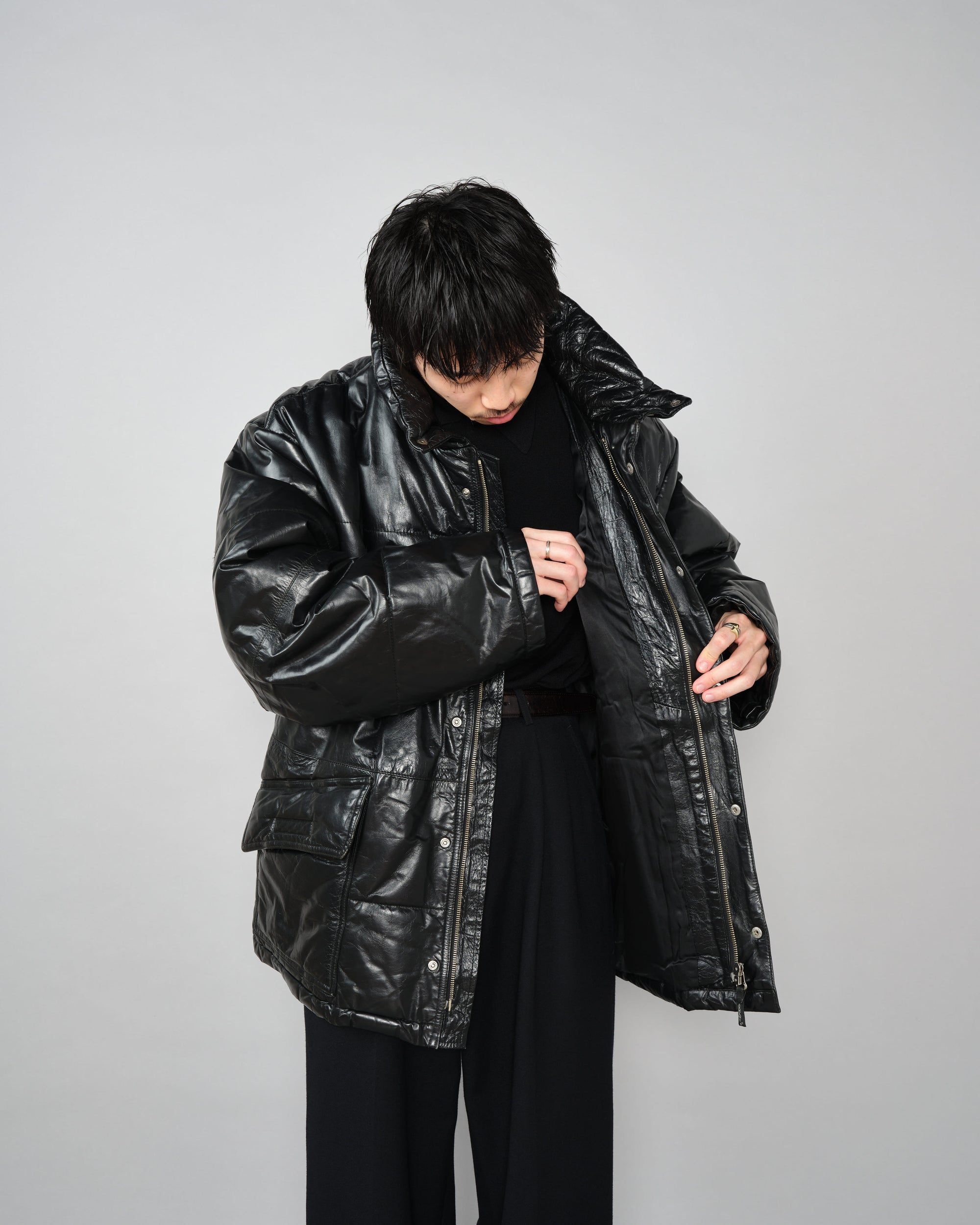 ［~90’s］Old ARMANI JEANS Black Leather Puffer Jacket Size.52