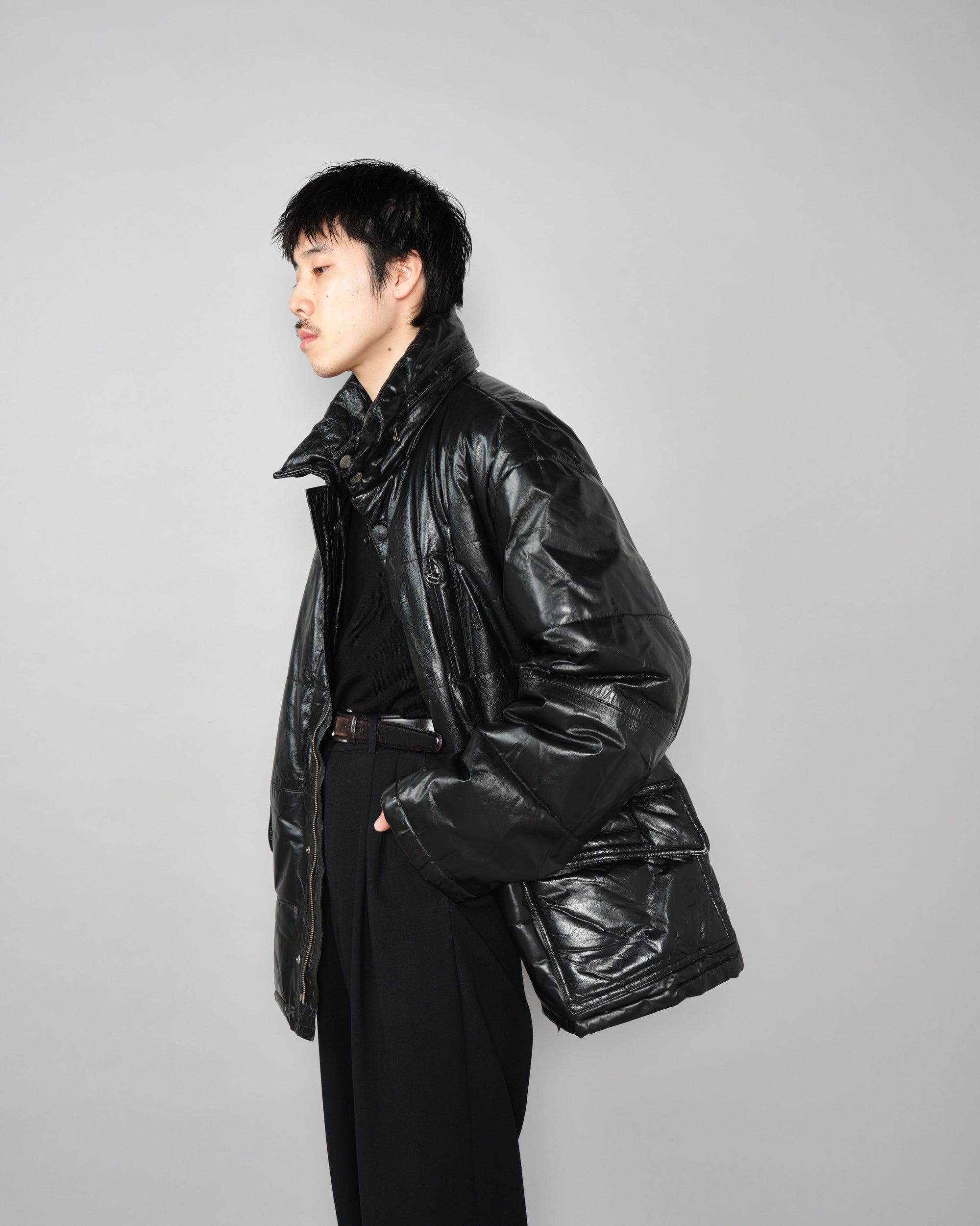 ［~90’s］Old ARMANI JEANS Black Leather Puffer Jacket Size.52
