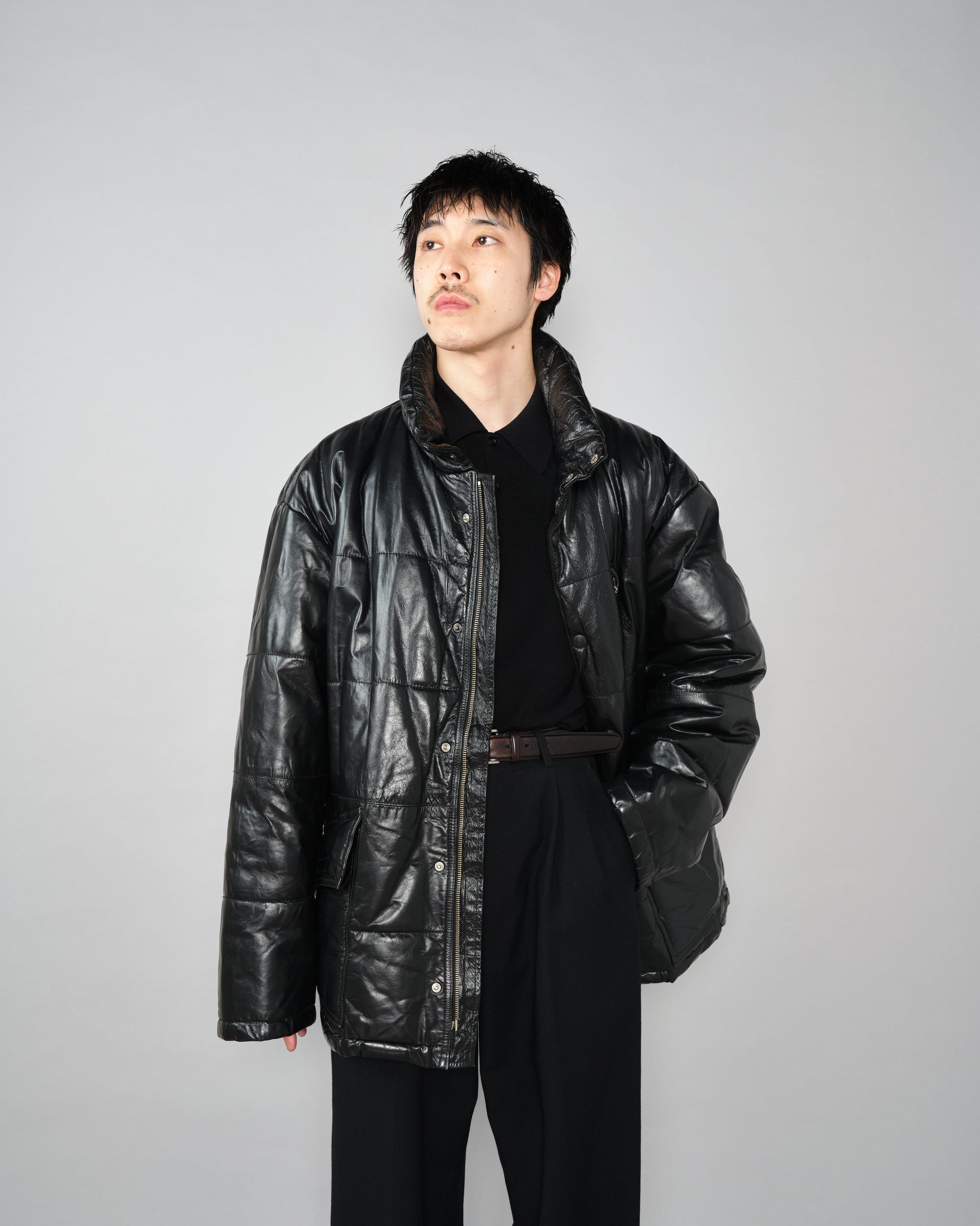 ［~90’s］Old ARMANI JEANS Black Leather Puffer Jacket Size.52