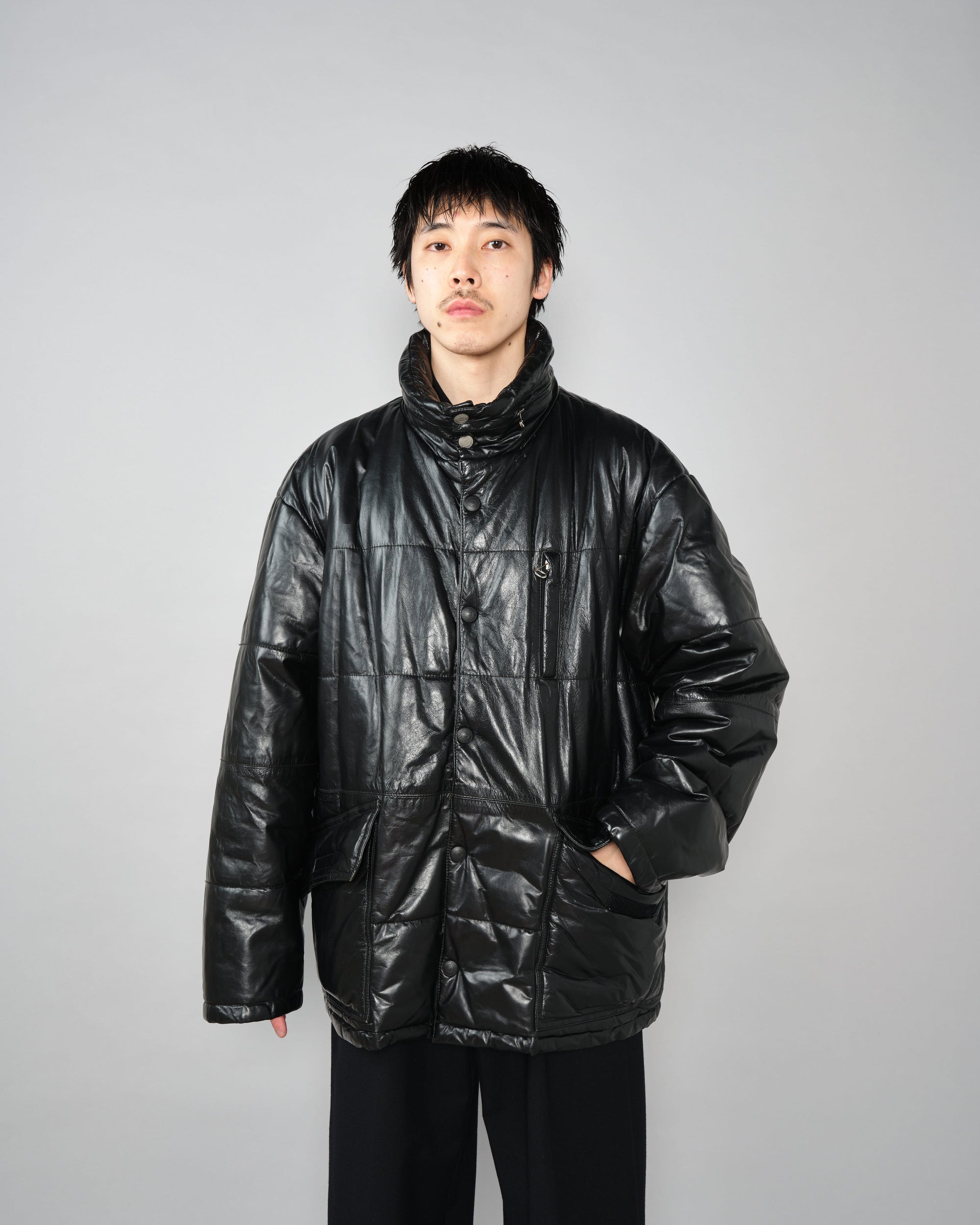 ［~90’s］Old ARMANI JEANS Black Leather Puffer Jacket Size.52