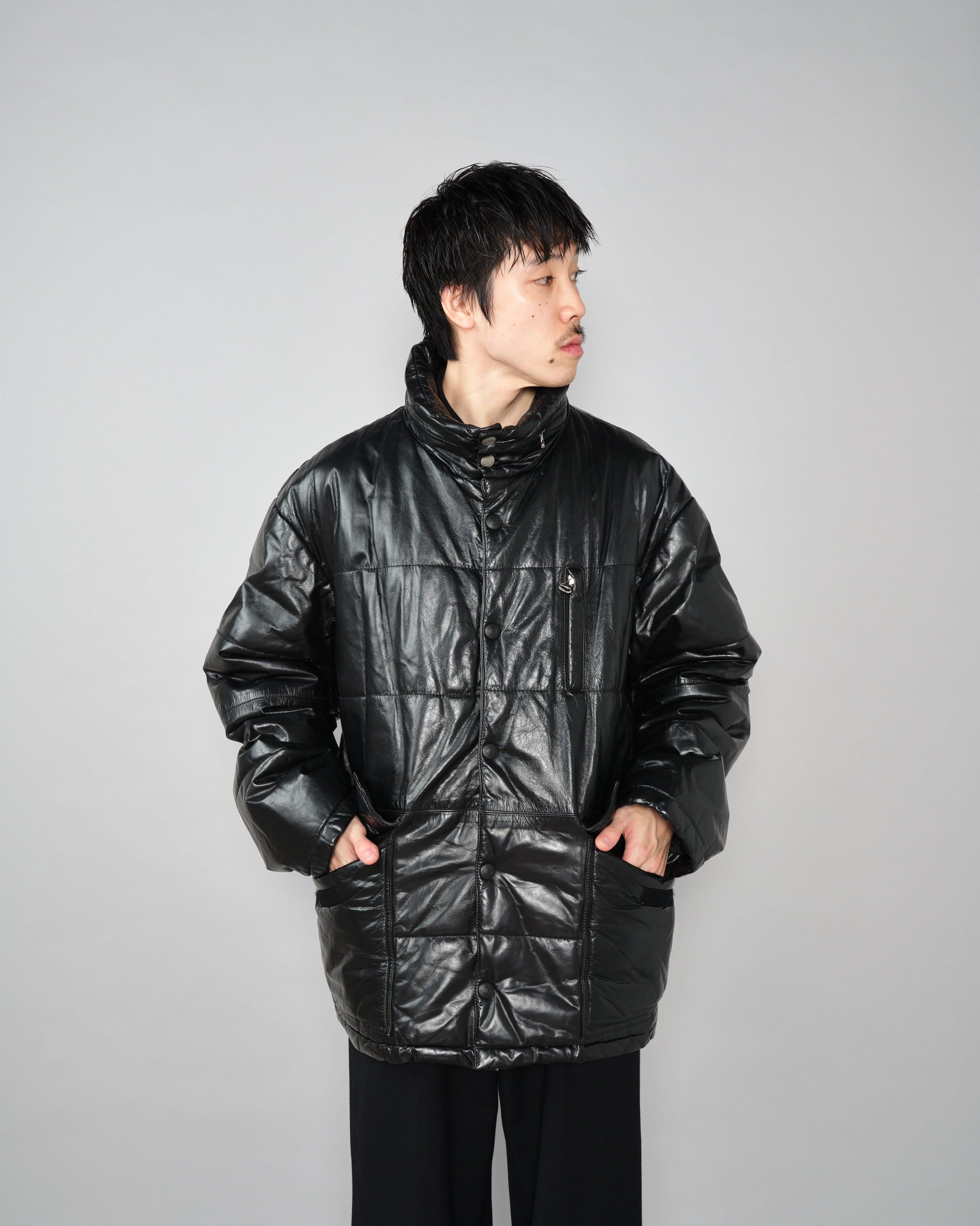 90's］Old ARMANI JEANS Black Leather Puffer Jacket Size.52 | VIEUX