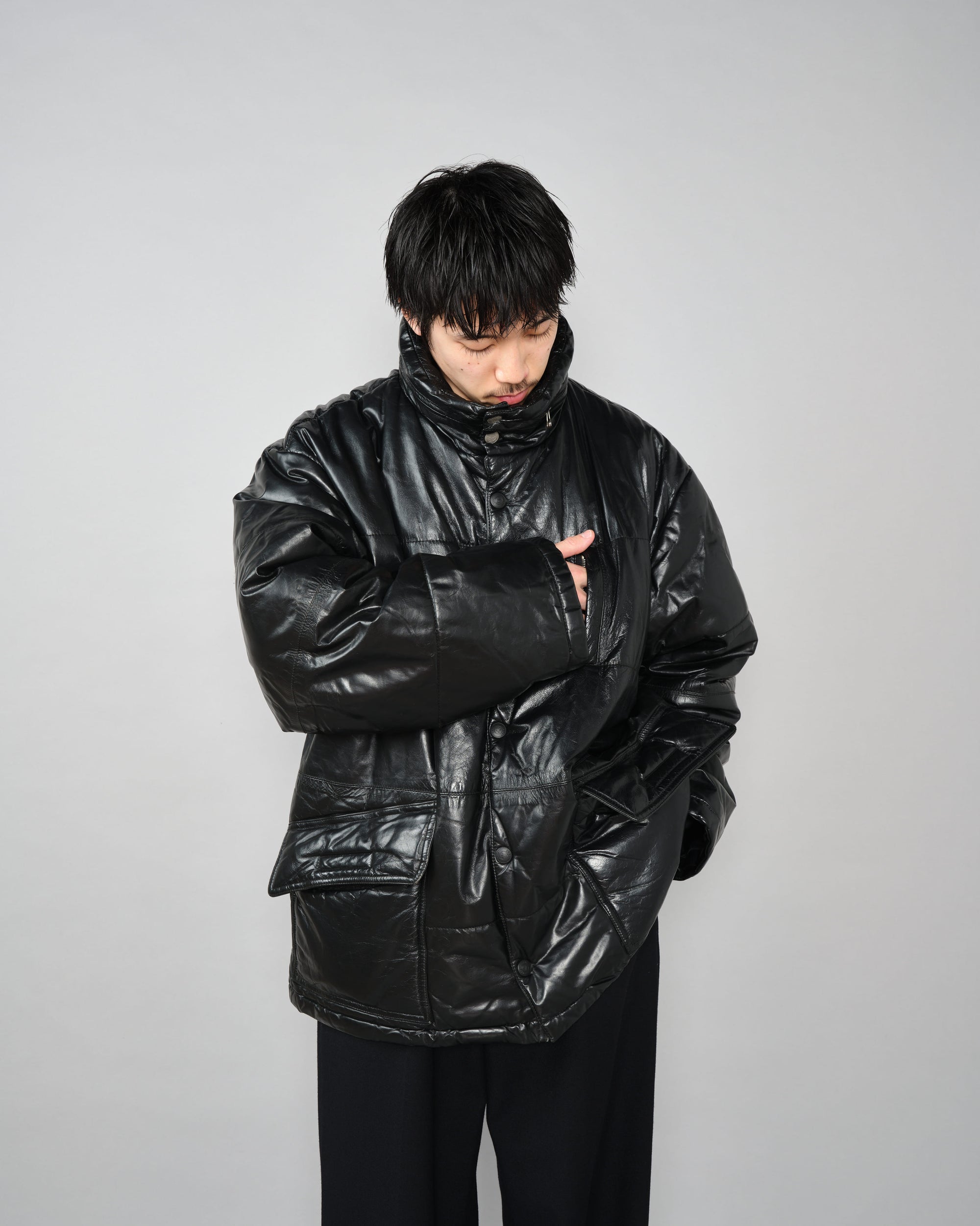 ［~90’s］Old ARMANI JEANS Black Leather Puffer Jacket Size.52