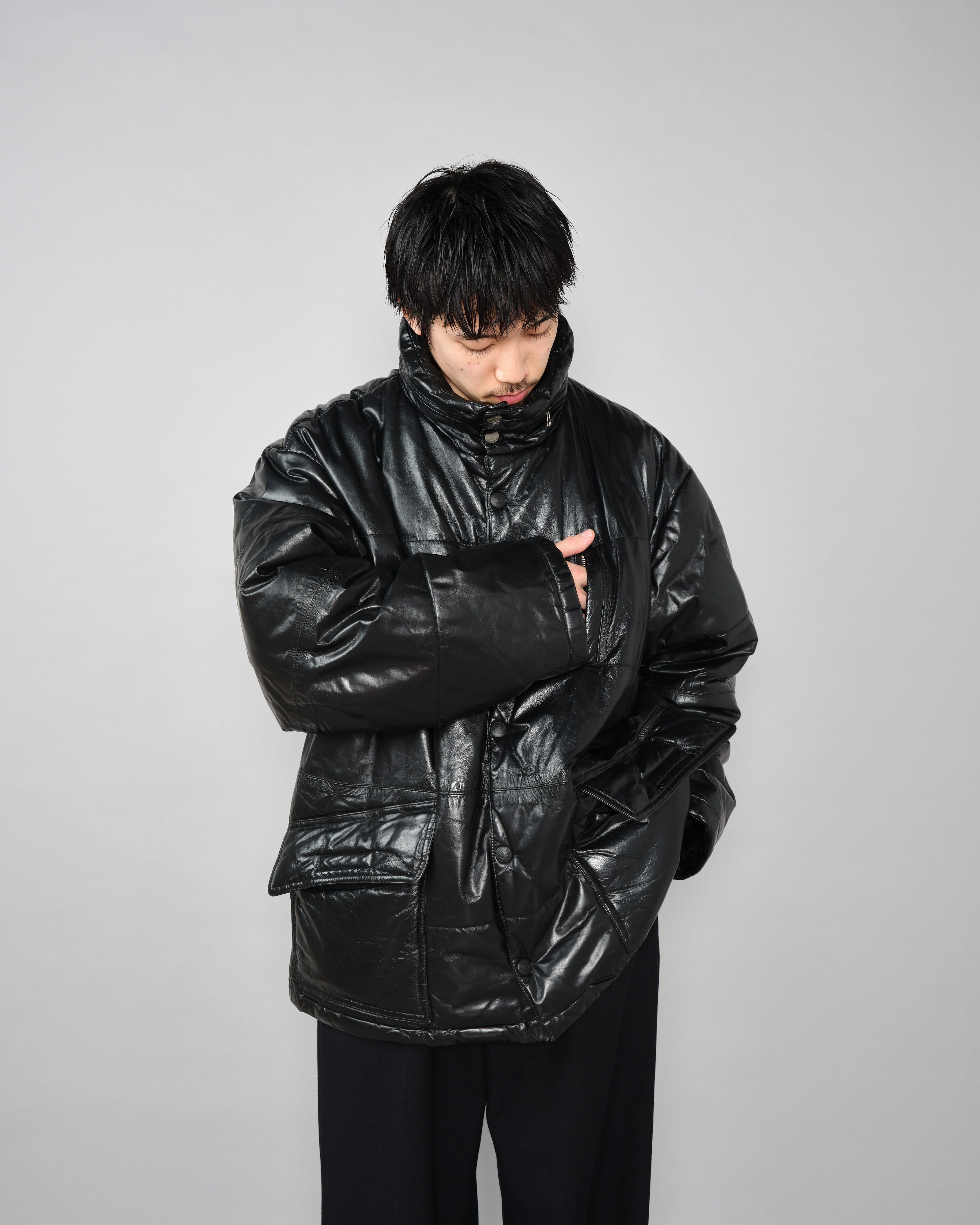 [~90’s] Old ARMANI JEANS Black Leather Puffer Jacket Size.52