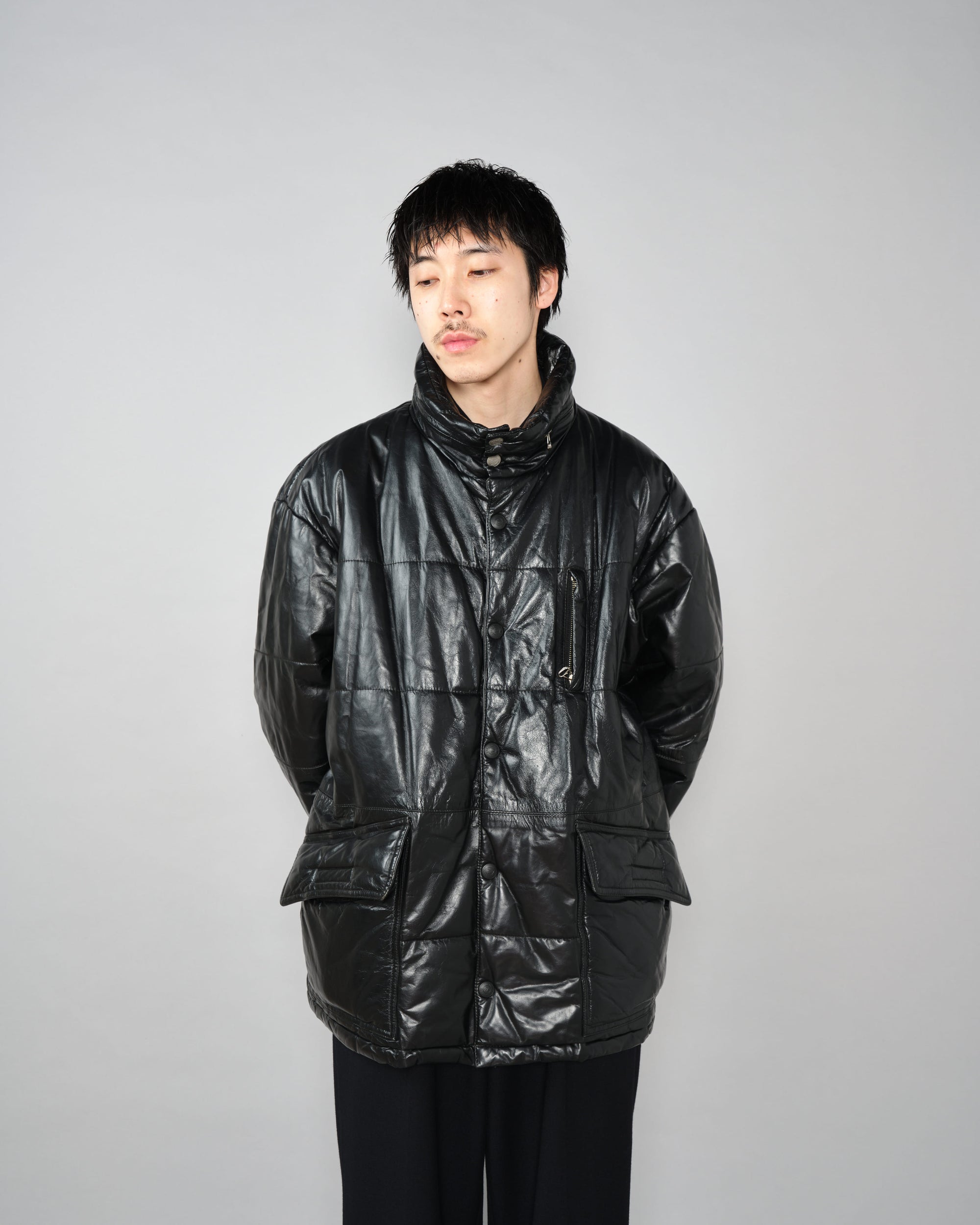 ［~90’s］Old ARMANI JEANS Black Leather Puffer Jacket Size.52