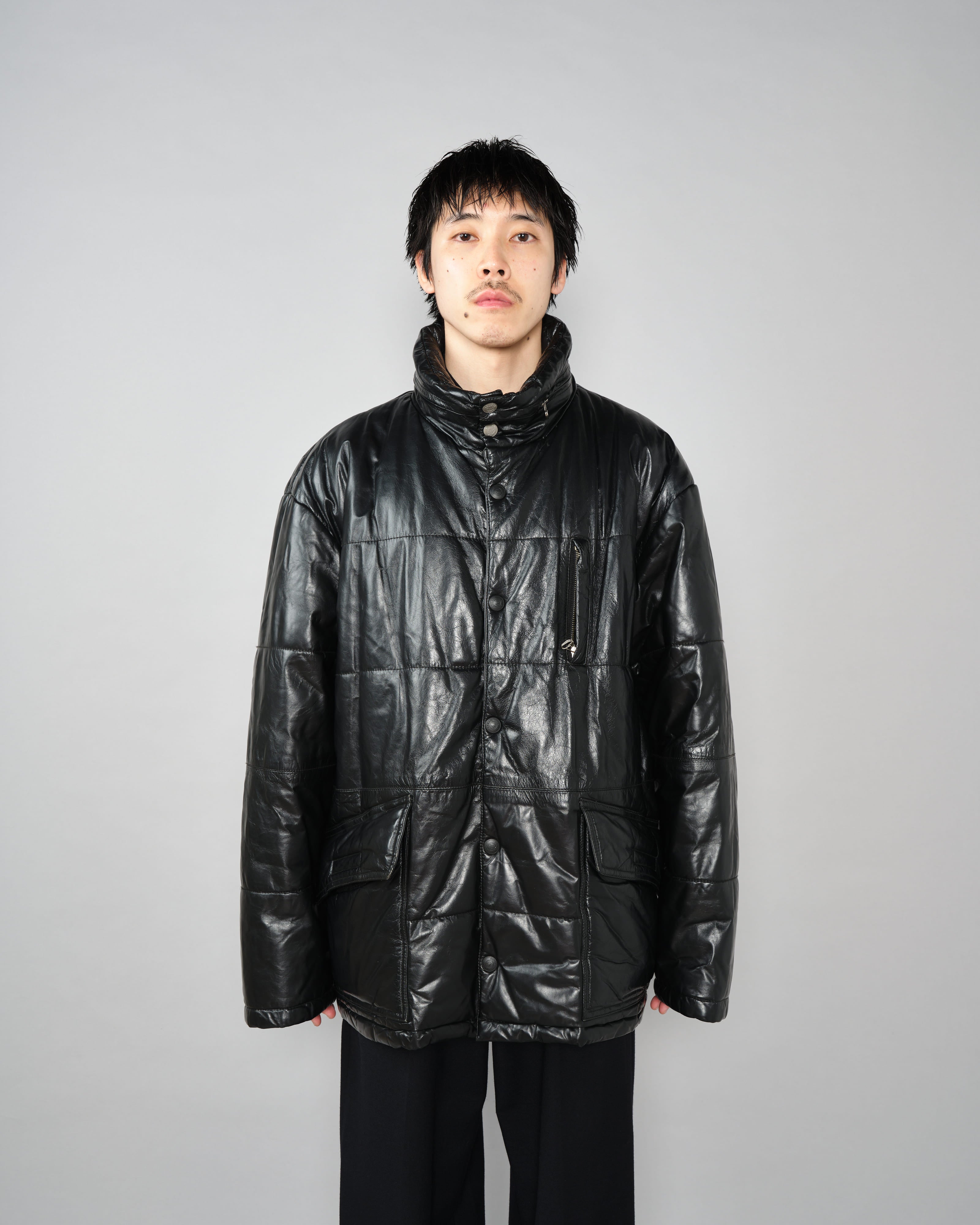 90's］Old ARMANI JEANS Black Leather Puffer Jacket Size.52 | VIEUX