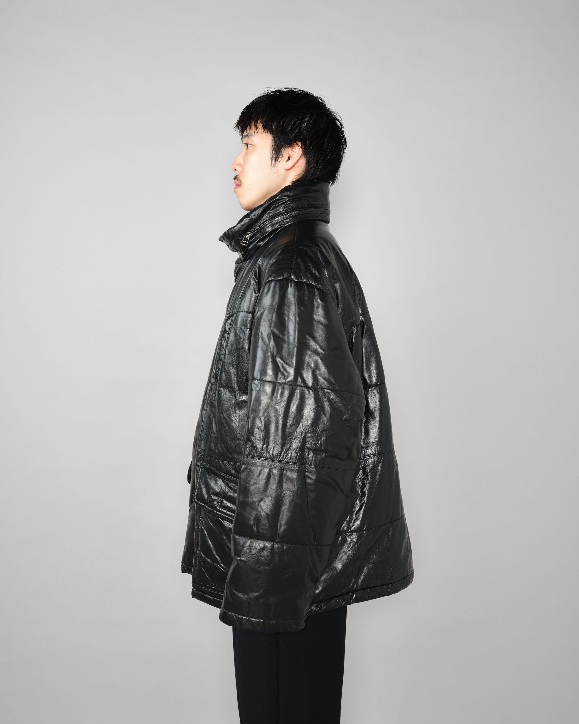 ［~90’s］Old ARMANI JEANS Black Leather Puffer Jacket Size.52