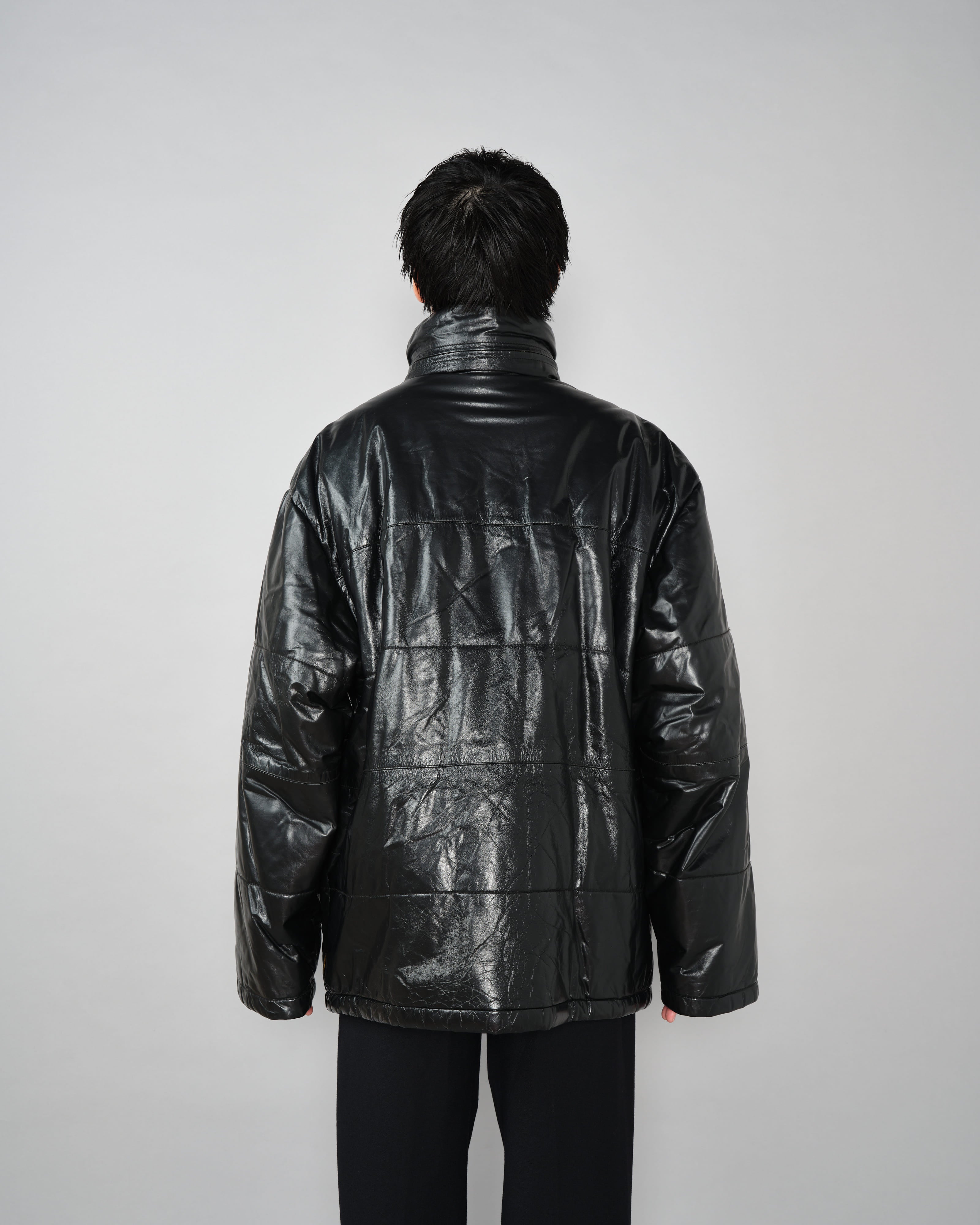 90's] Old ARMANI JEANS Black Leather Puffer Jacket Size.52