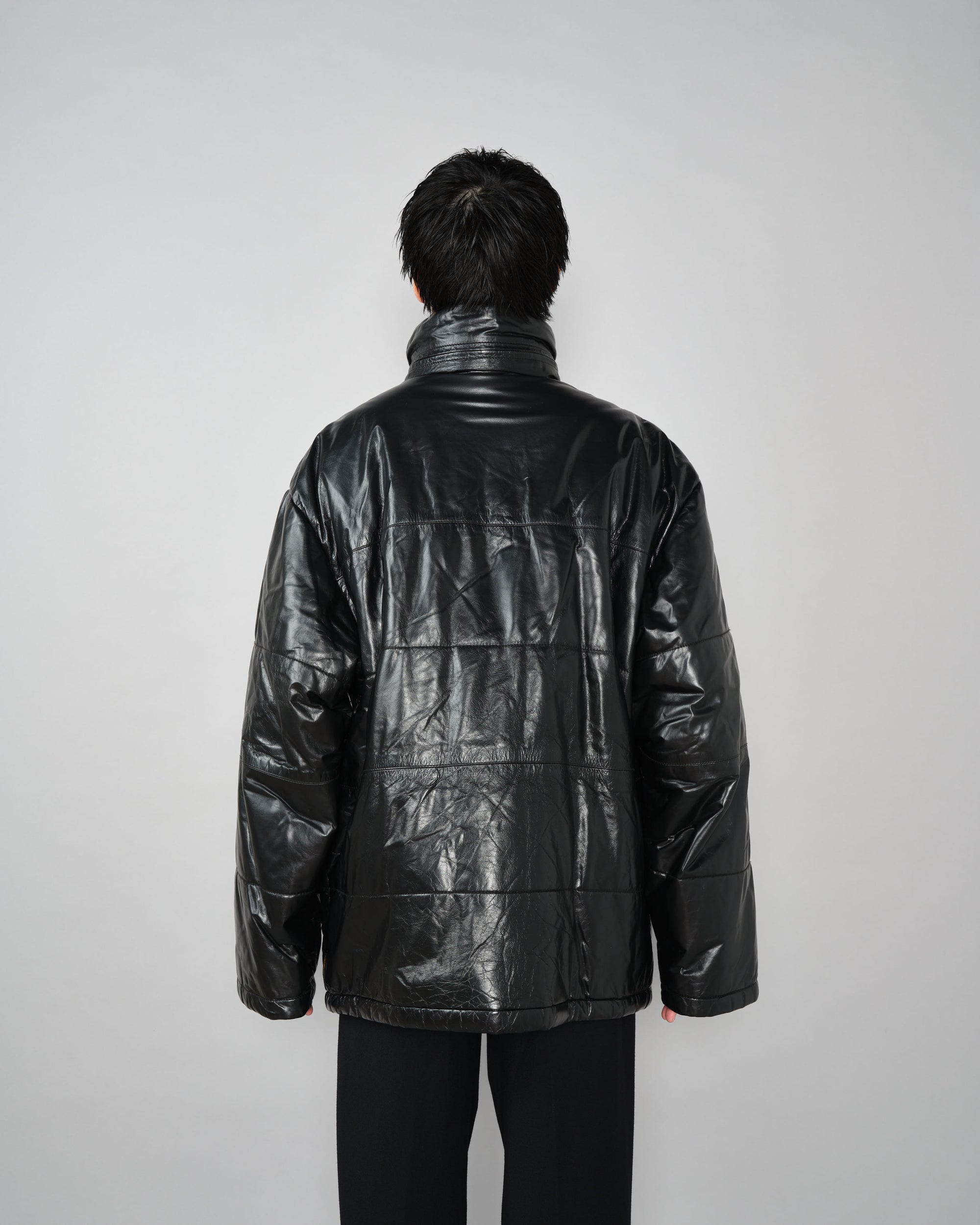 ［~90’s］Old ARMANI JEANS Black Leather Puffer Jacket Size.52